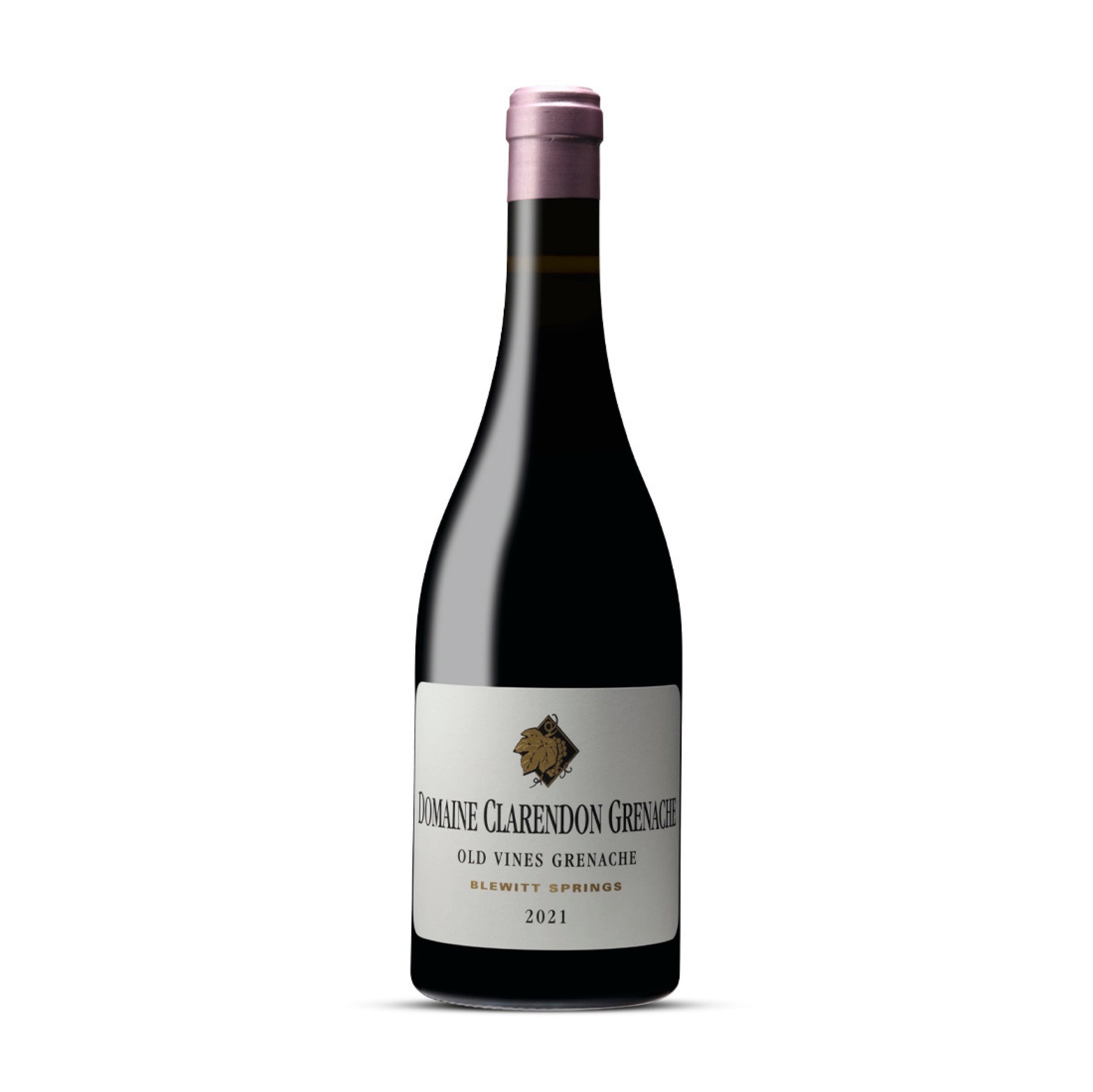 Bottle of Domaine Clarendon Old Vines Grenache 2021 from Blewitt Springs with a minimalist cream label and soft pink foil.