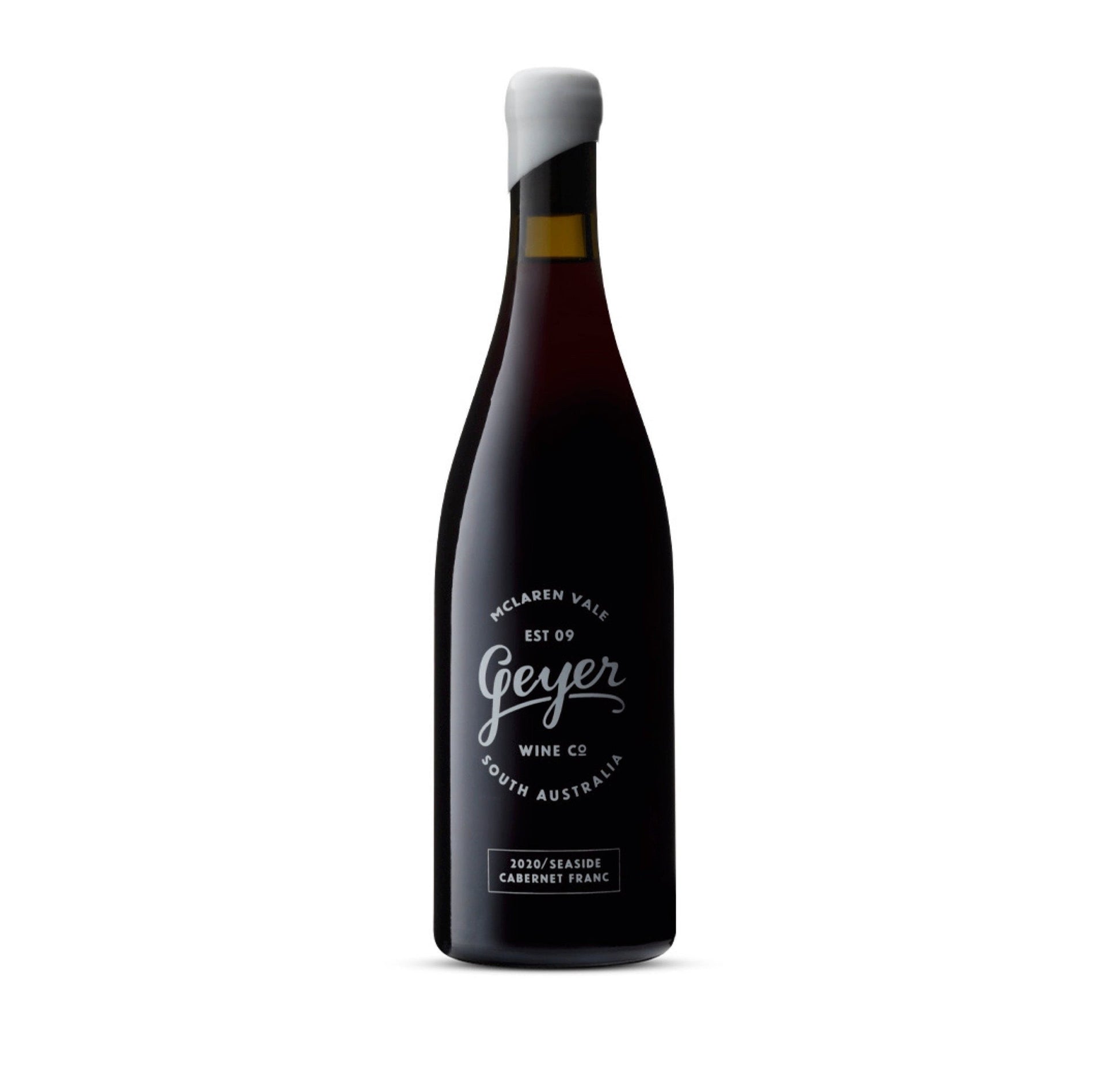 A bottle of Geyer Wine Co. 2020 Seaside Cabernet Franc, showcasing a premium Cabernet Franc from the organic vineyards of McLaren Vale with a sleek black label.