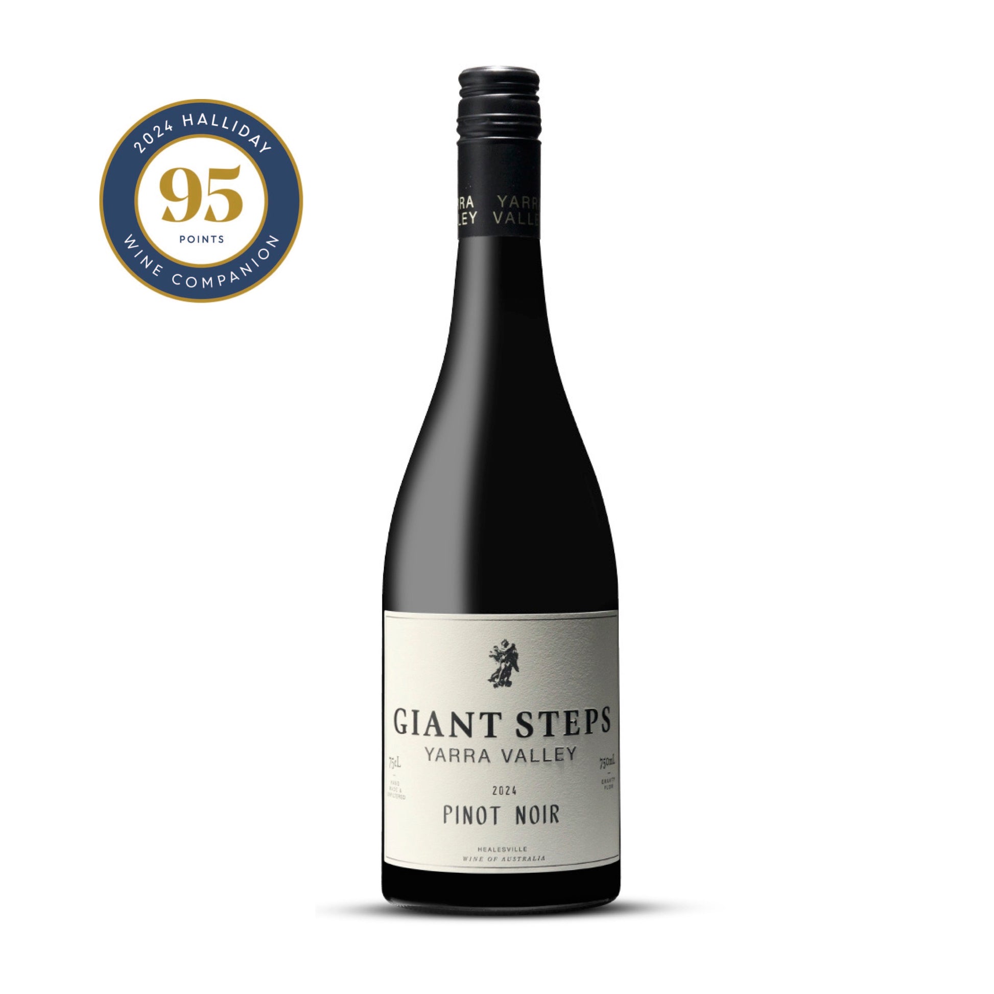 Wine bottle labeled 'Giant Steps' with a 95-point rating from the Halliday Wine Companion on a white background