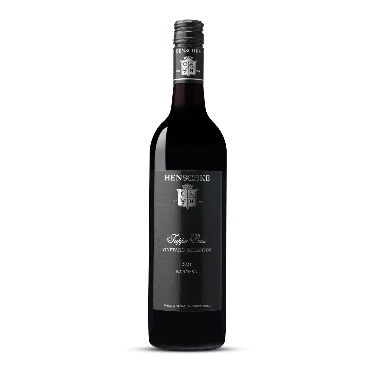 Image of a dark wine bottle with a label that reads HENSCHKE, Tappa Pass Vineyard Selection, 2021, Barossa. The bottle is topped with a black screw cap with the Henschke crest in white. The label is elegant, featuring a black background with white and silver text. The crest is again at the top, with the name 'Tappa Pass' in bold white letters.