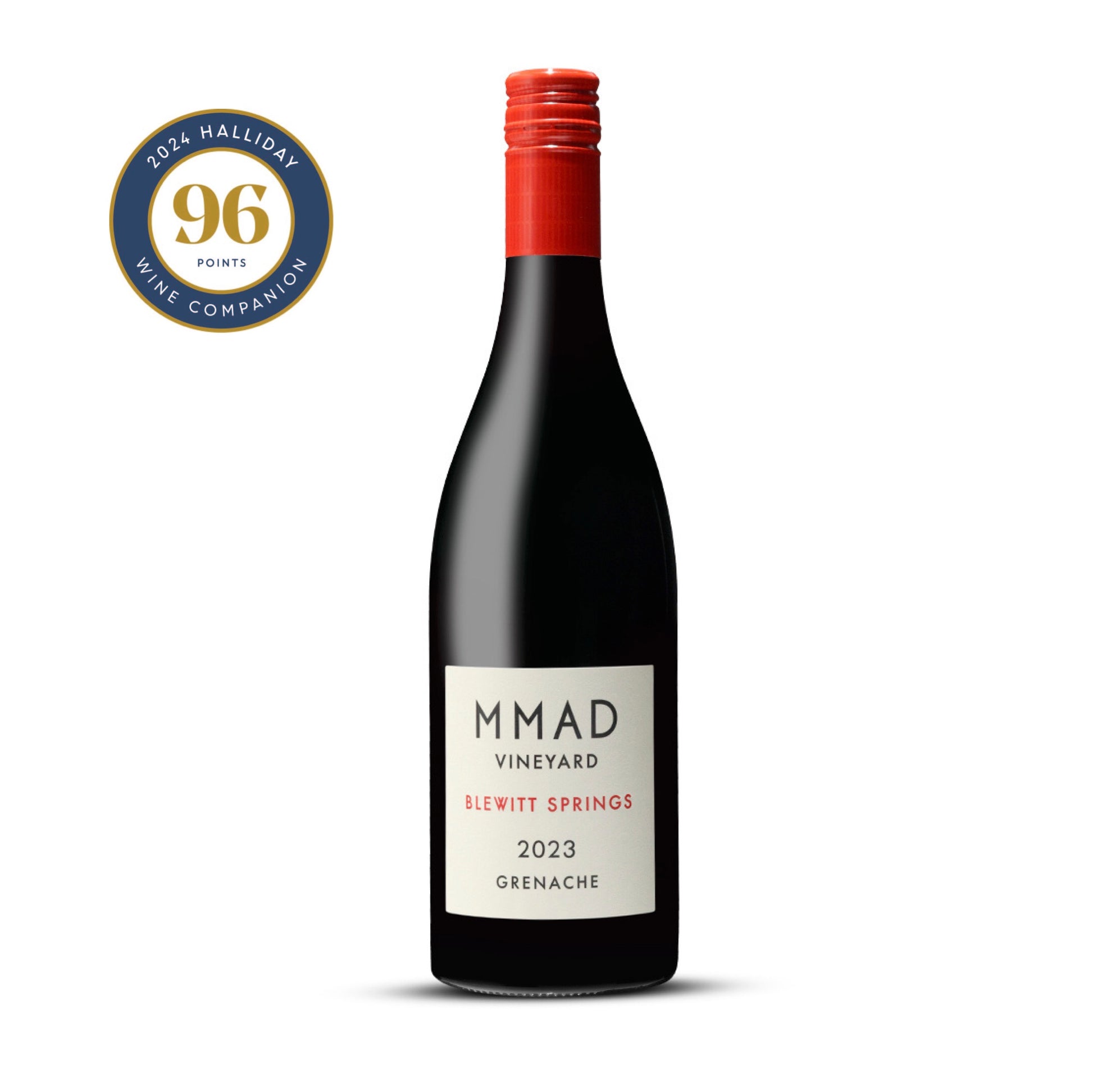 Wine bottle with MMAD Vineyard label and 2024 Halliday Wine Companion score on a white background
