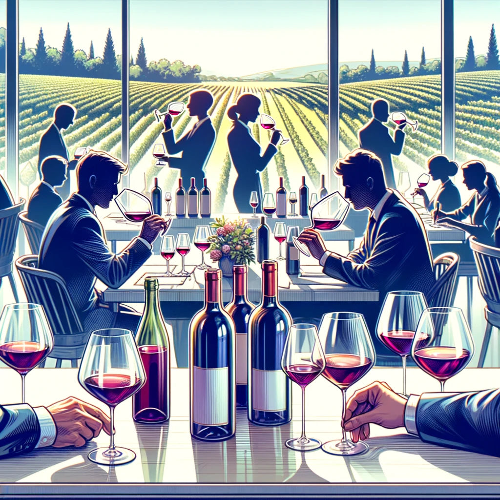  clean, minimalistic image showing a wine tasting event with people swirling, sniffing, and sipping wine. The setting includes a simple table with a few bottles and glasses, and a scenic vineyard background. 