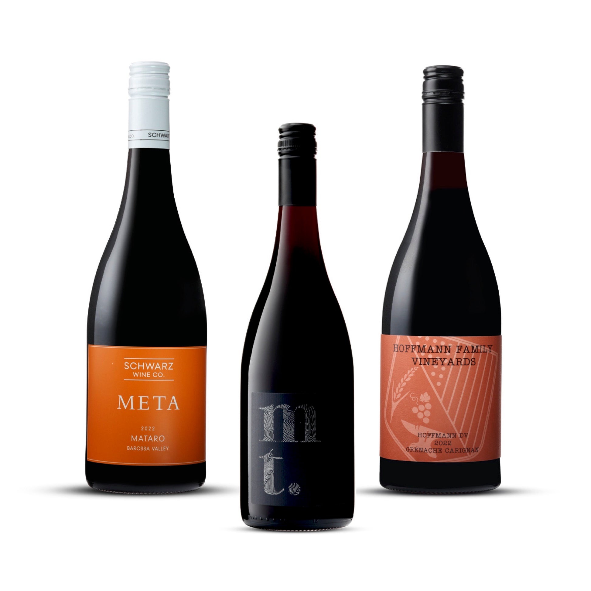 Three bottles of wine from the 'Alternative Pack' featuring Mt. Sangiovese, Hoffmann Family Vineyards Grenache Carignan, and Schwarz Meta Mataro.