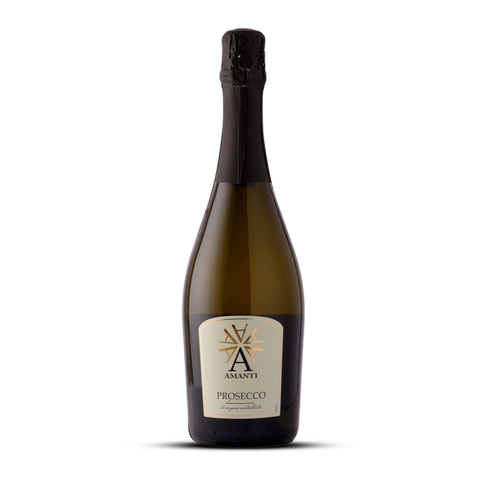 tle of Amanti Prosecco NV standing upright on a white background, with black foil and a cream label featuring the Amanti logo – Italian DOC Prosecco sparkling wine sold by Wine Simple.