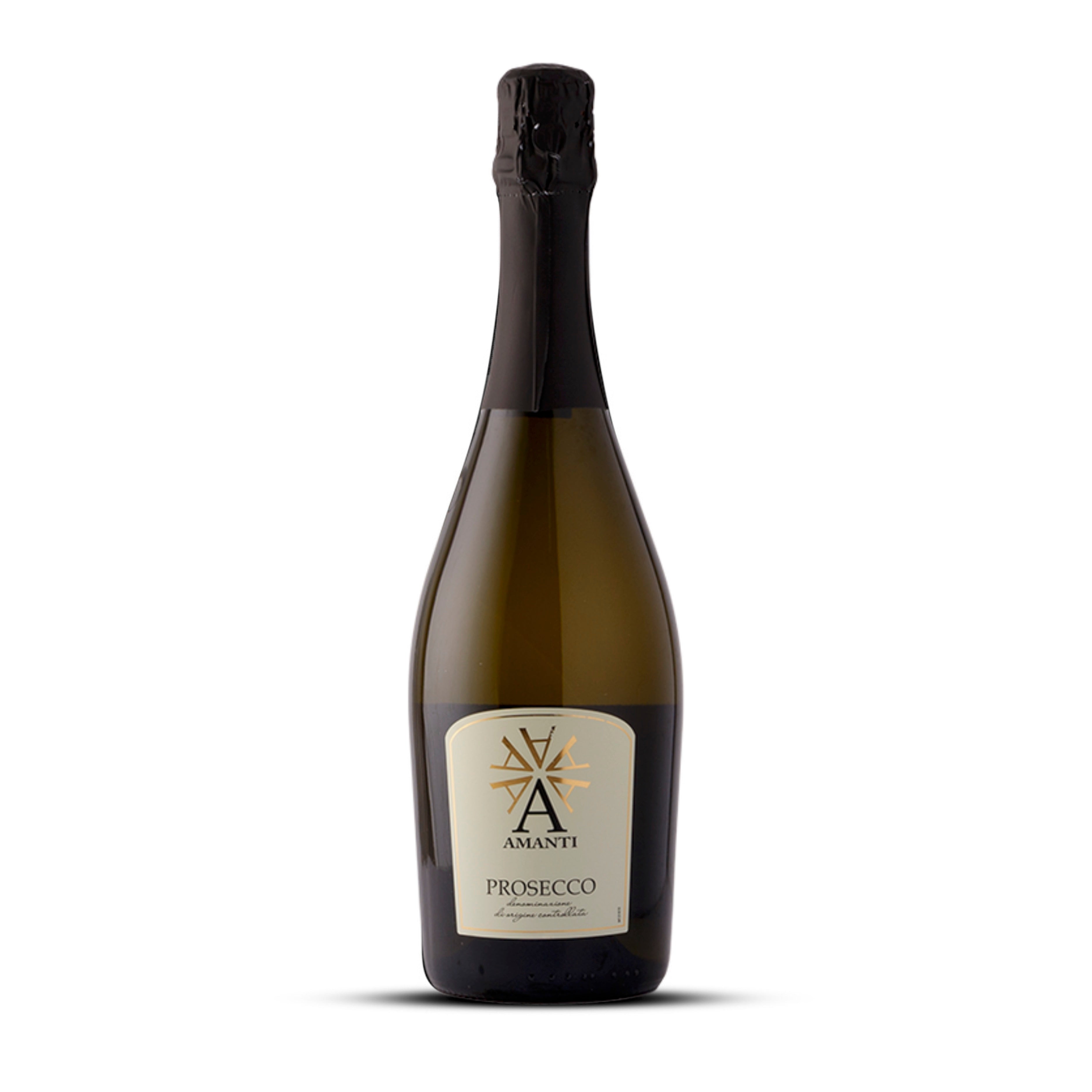 tle of Amanti Prosecco NV standing upright on a white background, with black foil and a cream label featuring the Amanti logo – Italian DOC Prosecco sparkling wine sold by Wine Simple.