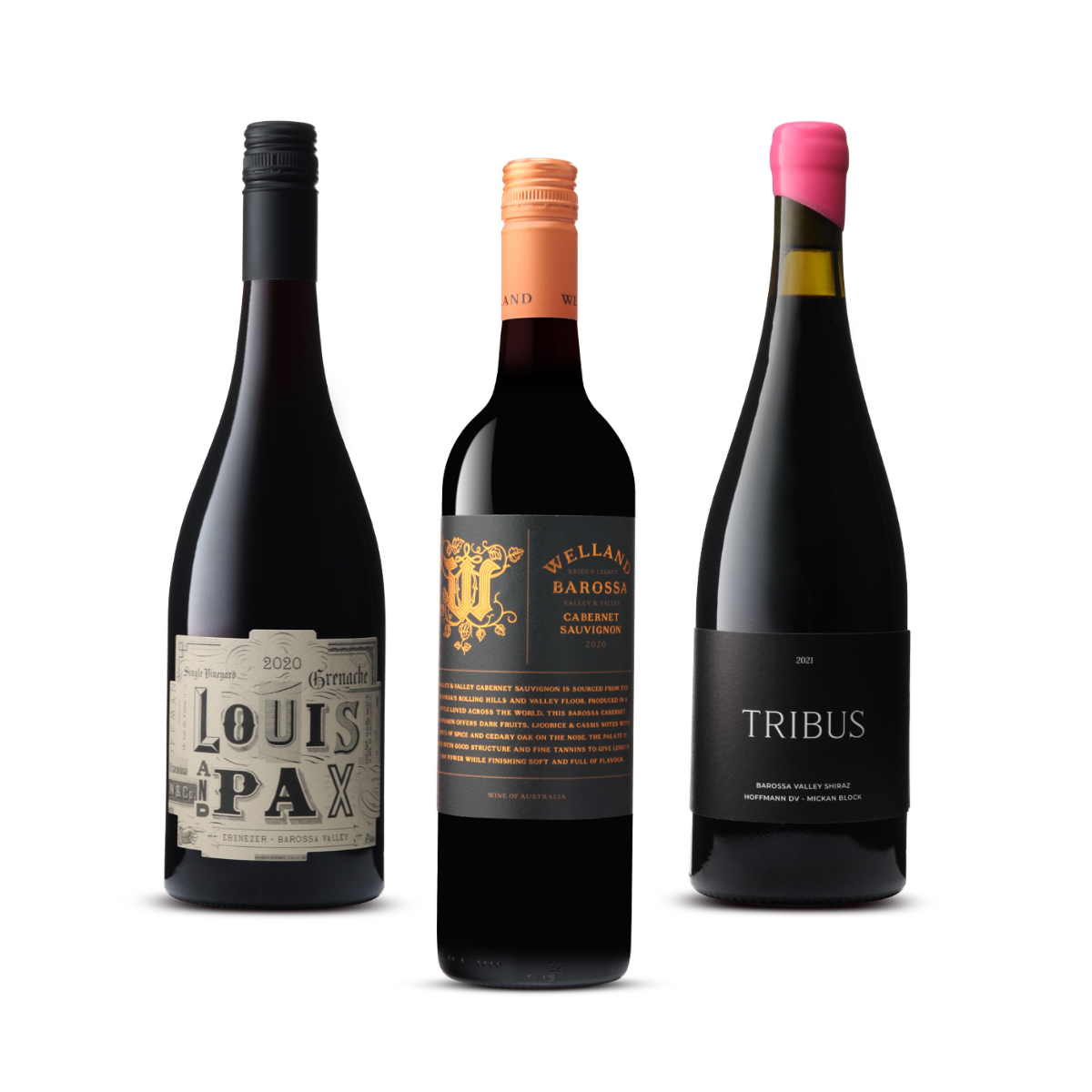 Three bottles of wine from the 'Barossa Heartland' pack featuring Louis & Pax Grenache, Tribus Shiraz, and Welland Valley & Valley Cabernet Sauvignon.