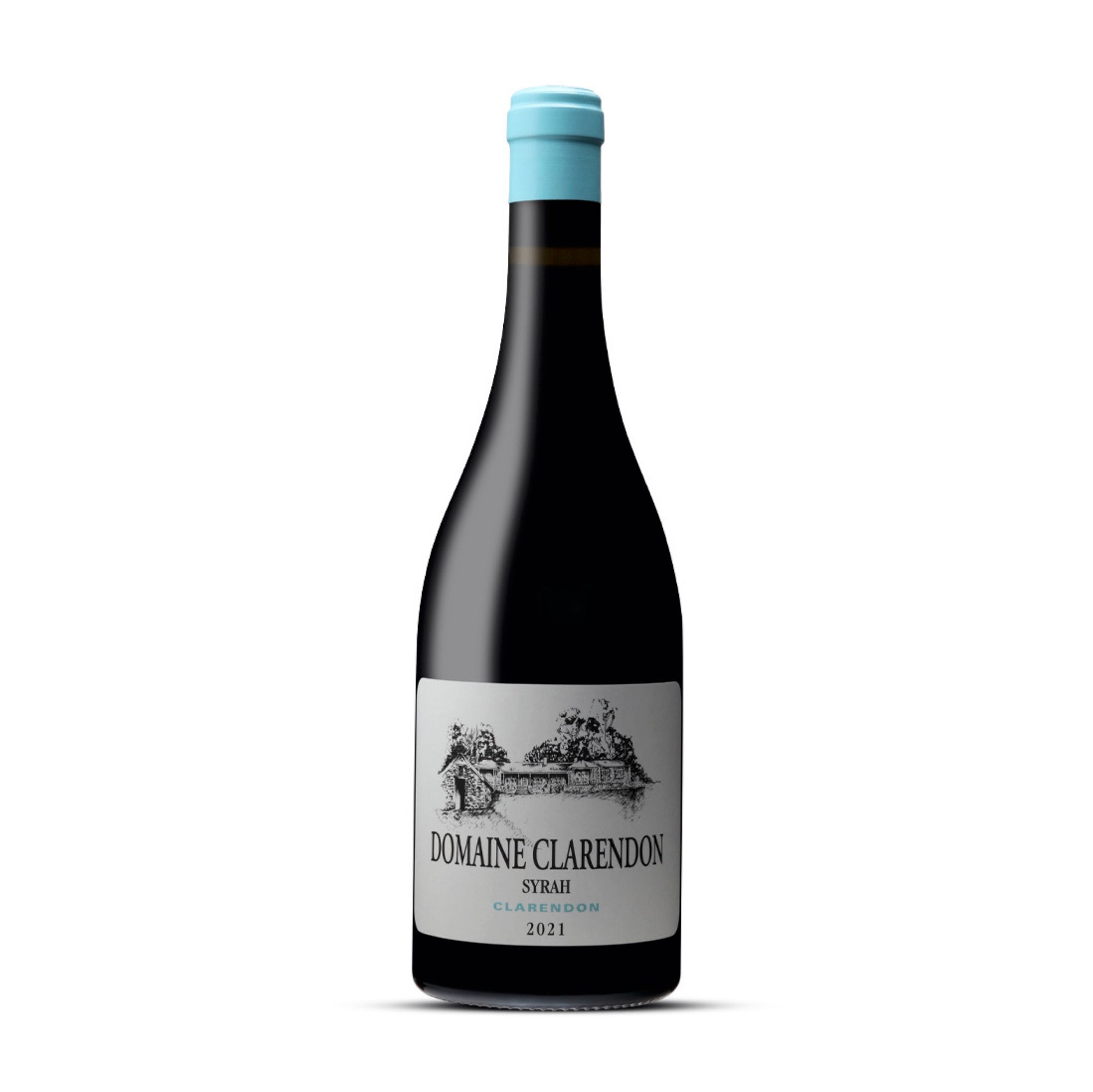 Bottle of Domaine Clarendon Syrah 2021 with minimalist cream label and foil capsule, representing high-altitude McLaren Vale Syrah.