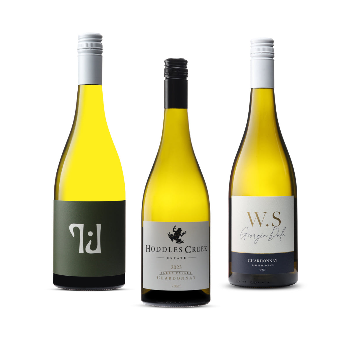 Three bottles of Chardonnay from the 'Not the RSL Chardonnay' pack featuring Tillie J Chardonnay, Georgia Dale WS Chardonnay, and Hoddles Creek Chardonnay.