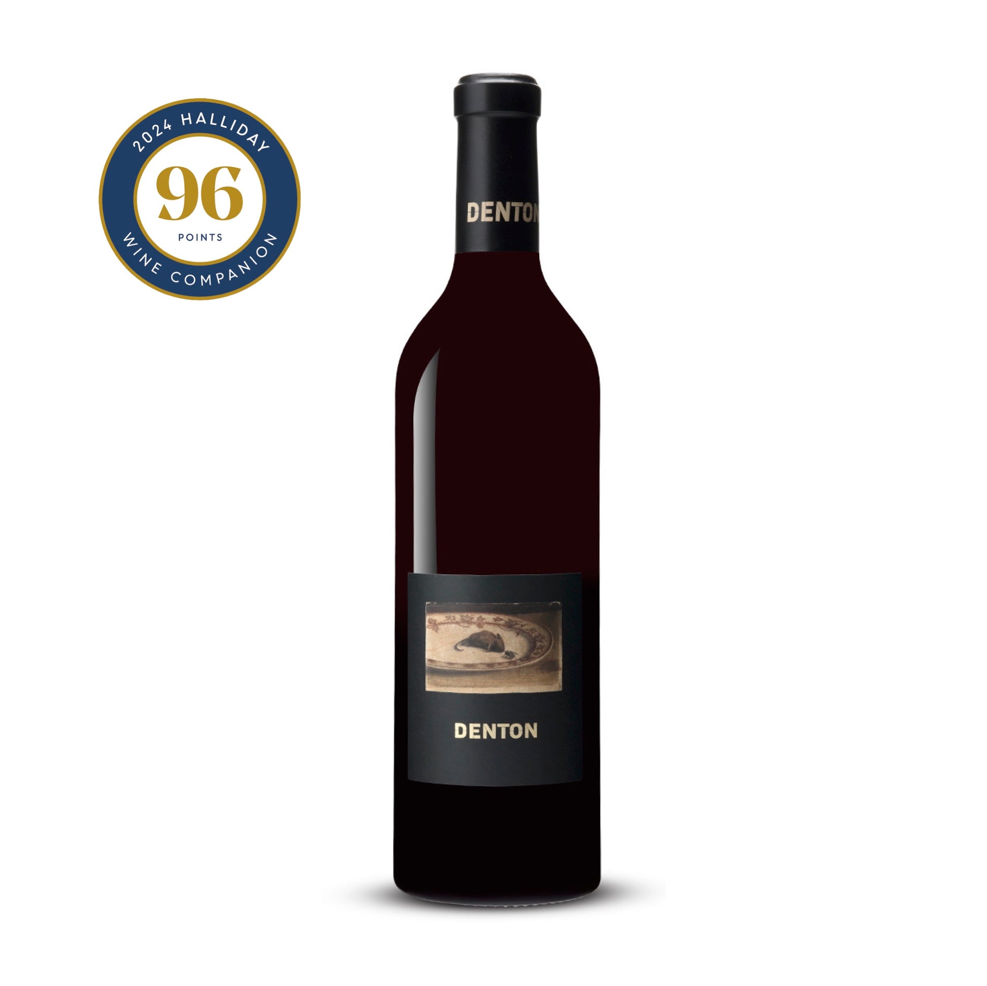 A bottle of 2019 Denton Nebbiolo, showcasing its refined label and Yarra Valley origins. Dark and moody label sets the scene.