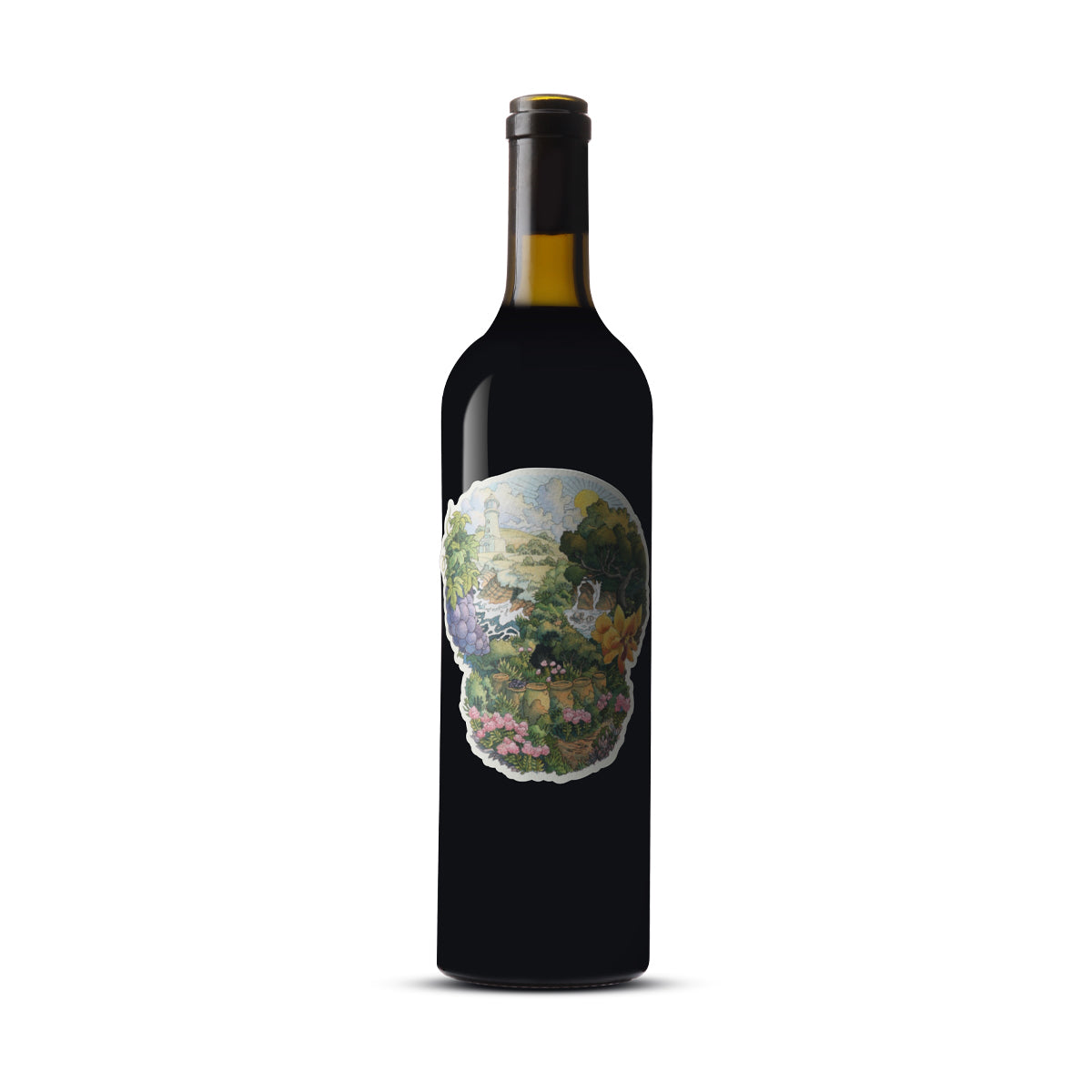 A bottle of 2023 Dormilona Clayface Cabernet Sauvignon, featuring a distinctive and artistic label depicting a whimsical, nature-inspired scene with lush greenery, flowers, and a bright sky. The intricate design covers the center of the bottle, which has a dark glass and a black capsule over the cork, standing against a white background.