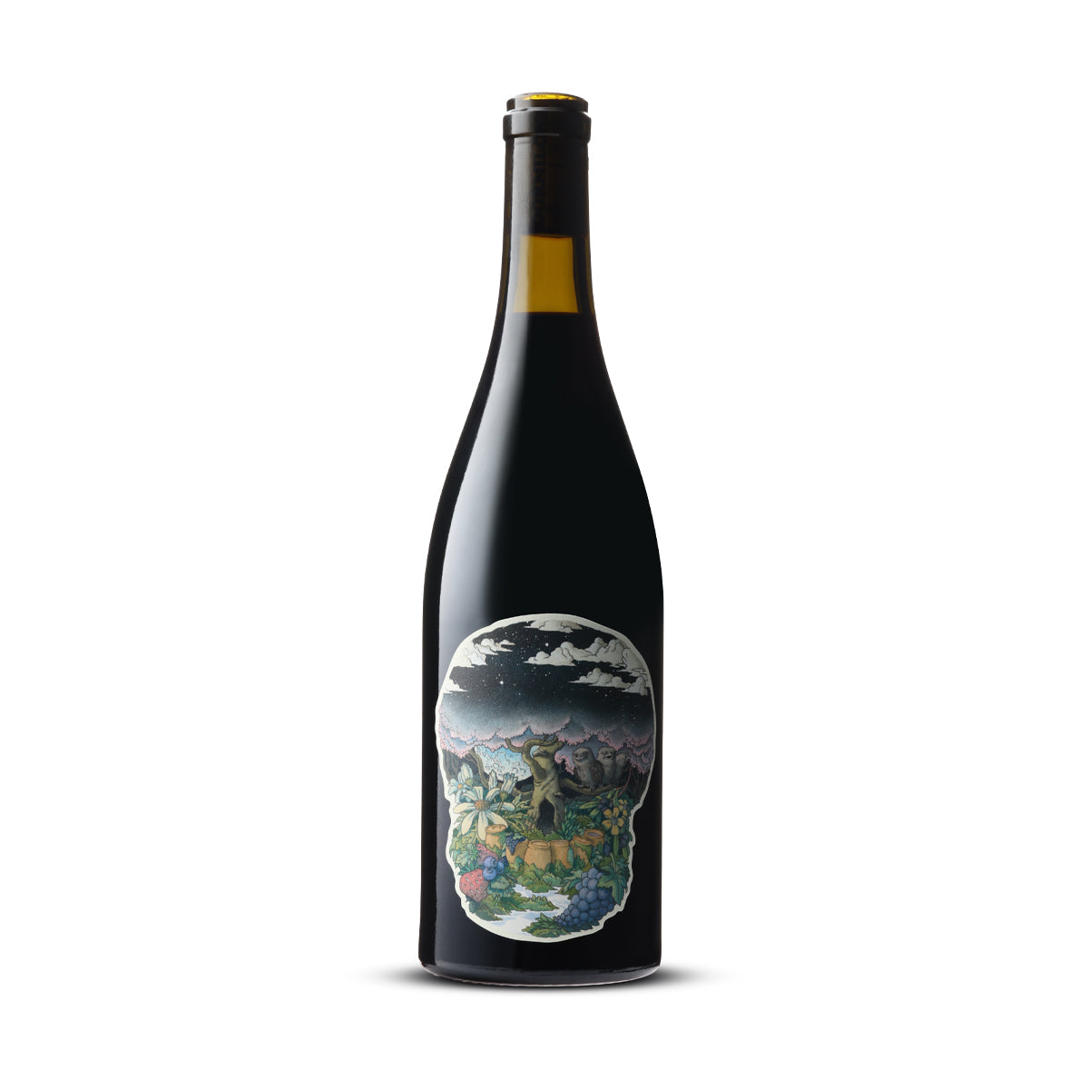 A bottle of 2023 Dormilona Clayface Shiraz, featuring an artistic and detailed label with a nighttime scene depicting a gnarled tree surrounded by lush foliage, grapes, and a dramatic sky filled with clouds. The intricate design is placed on the front of the bottle, which has a dark glass and a black capsule over the cork, standing against a white background.