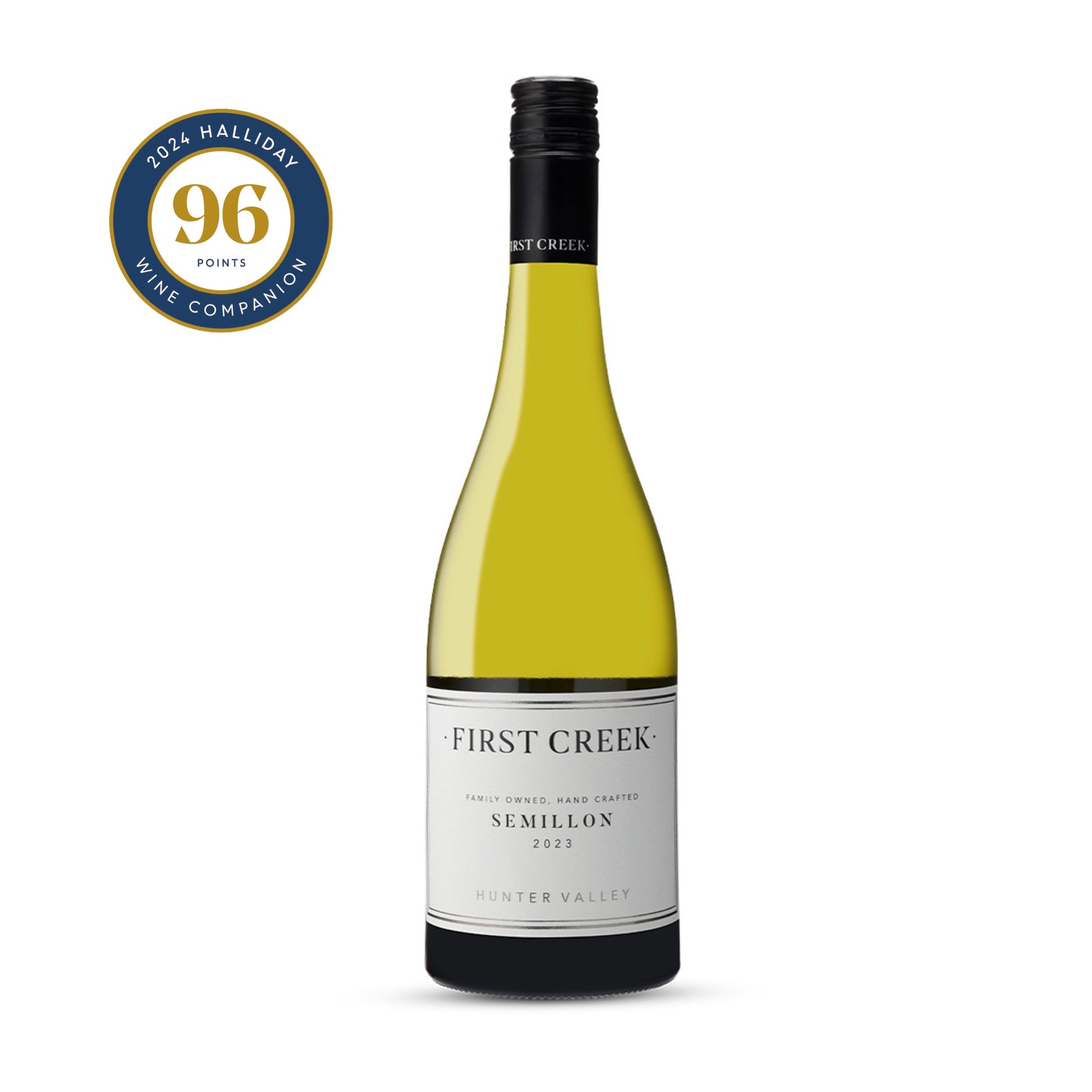 A bottle of First Creek Semillon 2023, showcasing its bright, fresh style with classic Hunter Valley elegance.