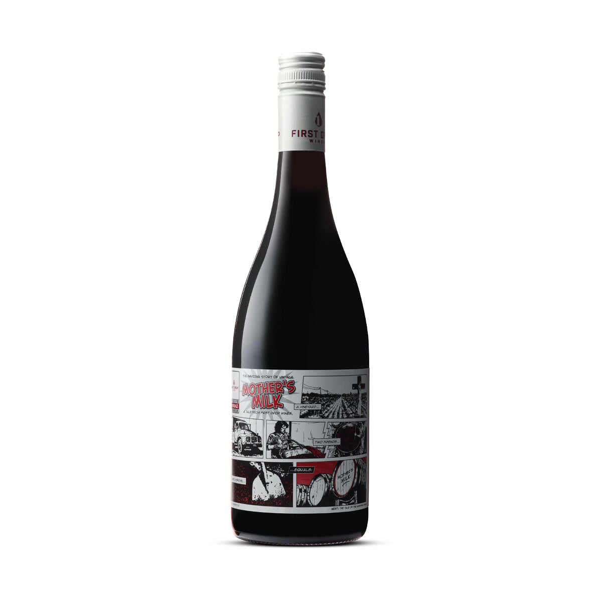 A bottle of 2022 First Drop Mother’s Milk Barossa Shiraz, featuring a comic-strip-style label with black and white illustrations and bold red text. The label tells a visual story, adding character and a playful touch to this deep red wine. The bottle has a screw cap with the First Drop Wines logo, standing tall against a white background.