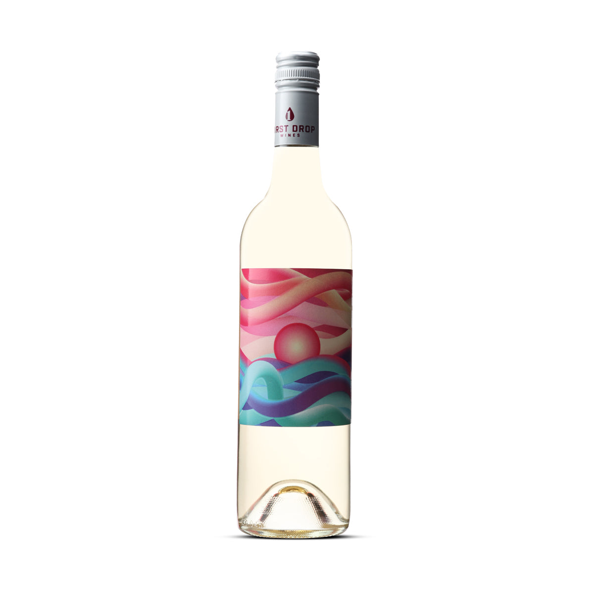 A bottle of 2023 First Drop Endless Summer Pinot Grigio, featuring a vibrant, colourful label with abstract waves and a setting sun, symbolising the carefree and refreshing nature of this wine. The bottle has a screw cap with the First Drop Wines logo, standing tall against a white background. Buy this wine online at Wine Simple