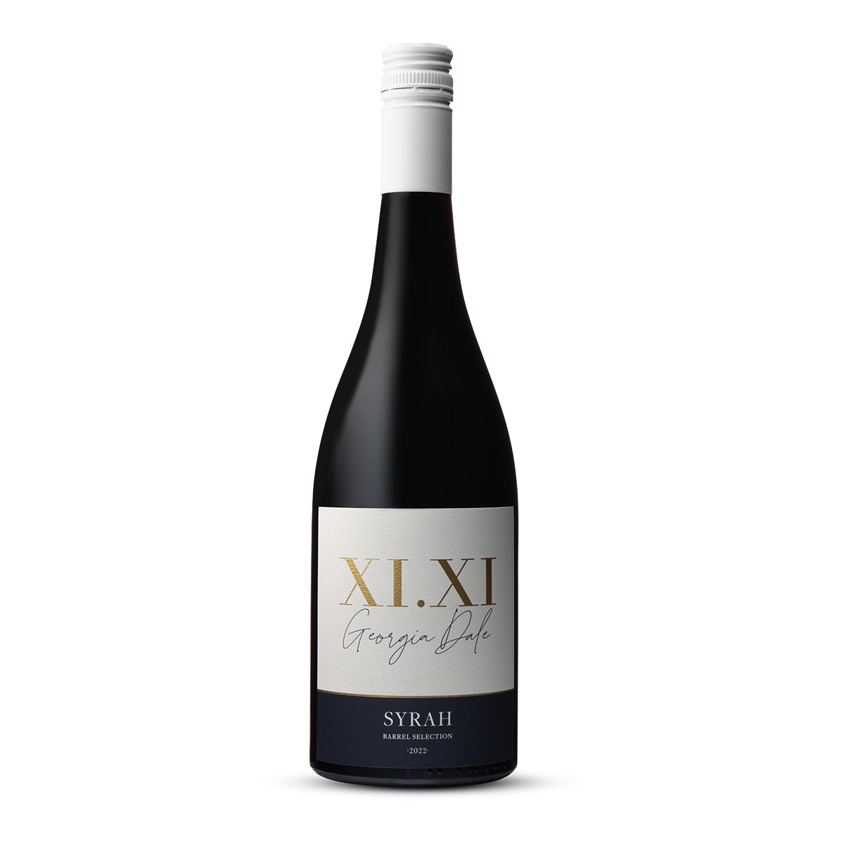 Image of a wine bottle with a label that reads XI.XI Georgia Dale SYRAH, BARREL SELECTION, 2022. The bottle has a sleek design with a black body and a white screw cap. The label is divided into an upper white section and a lower navy-blue section, with elegant gold and black typography. The word 'SYRAH' is prominently displayed in bold black letters on the gold stripe that separates the two label sections