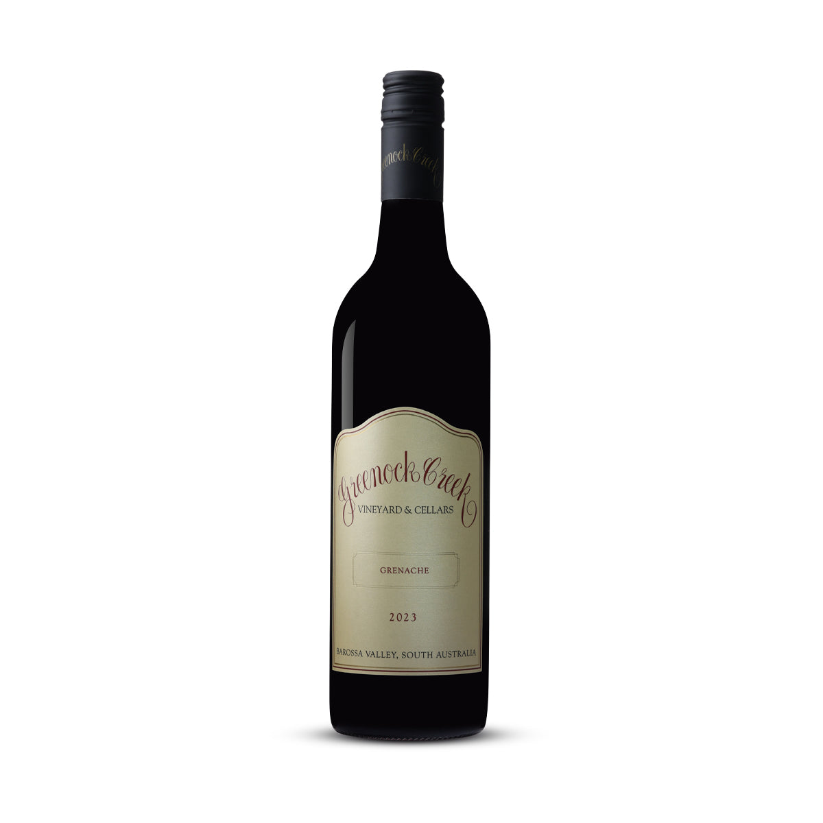 A bottle of Greenock Creek 2023 Grenache, featuring a classic, elegant label from the Barossa Valley, South Australia, set against a sleek black background, symbolising the premium quality of this Barossa red wine.