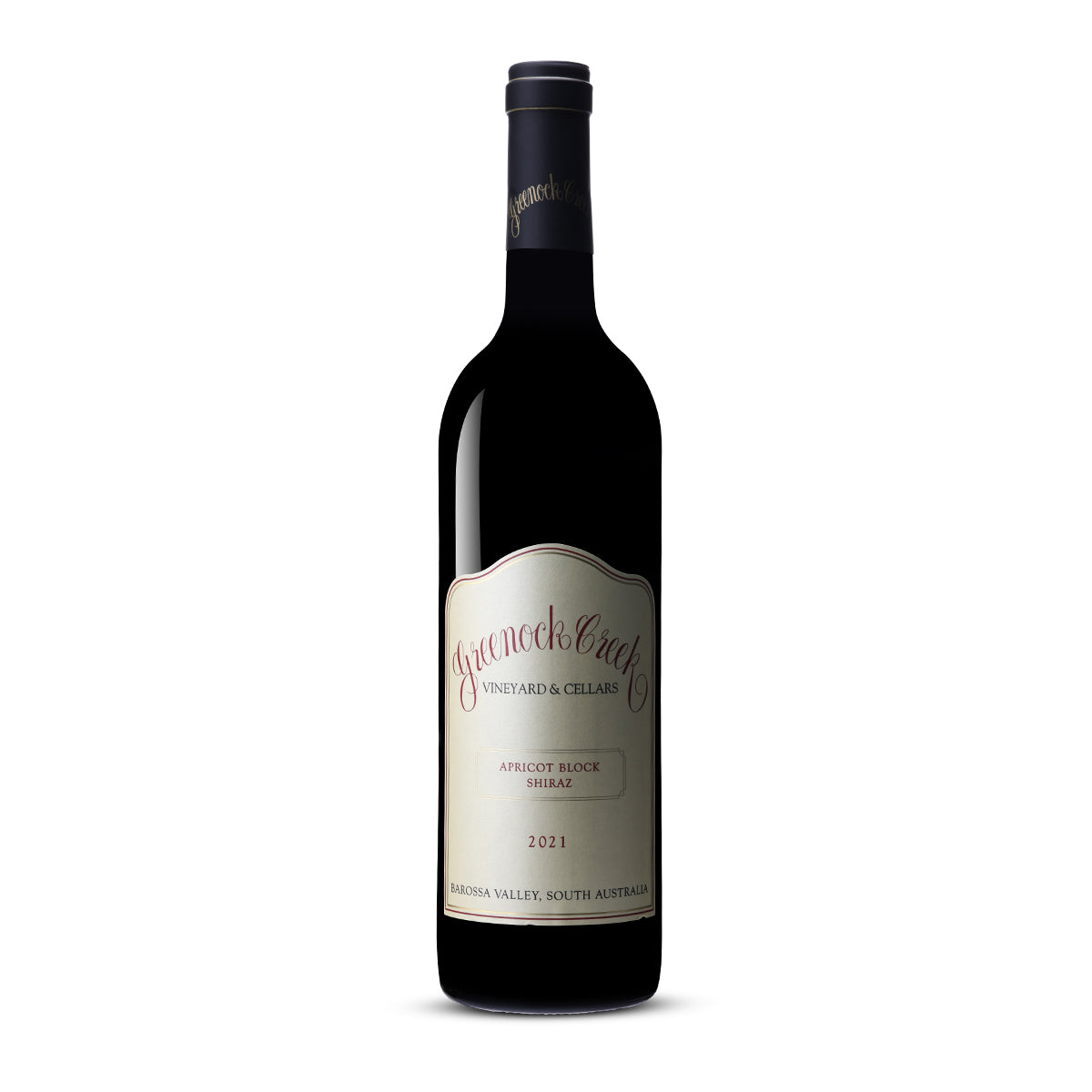 Bottle of Greenock Creek Apricot Block Shiraz 2021, a premium Barossa Valley Shiraz with deep fruit complexity and bold tannins.