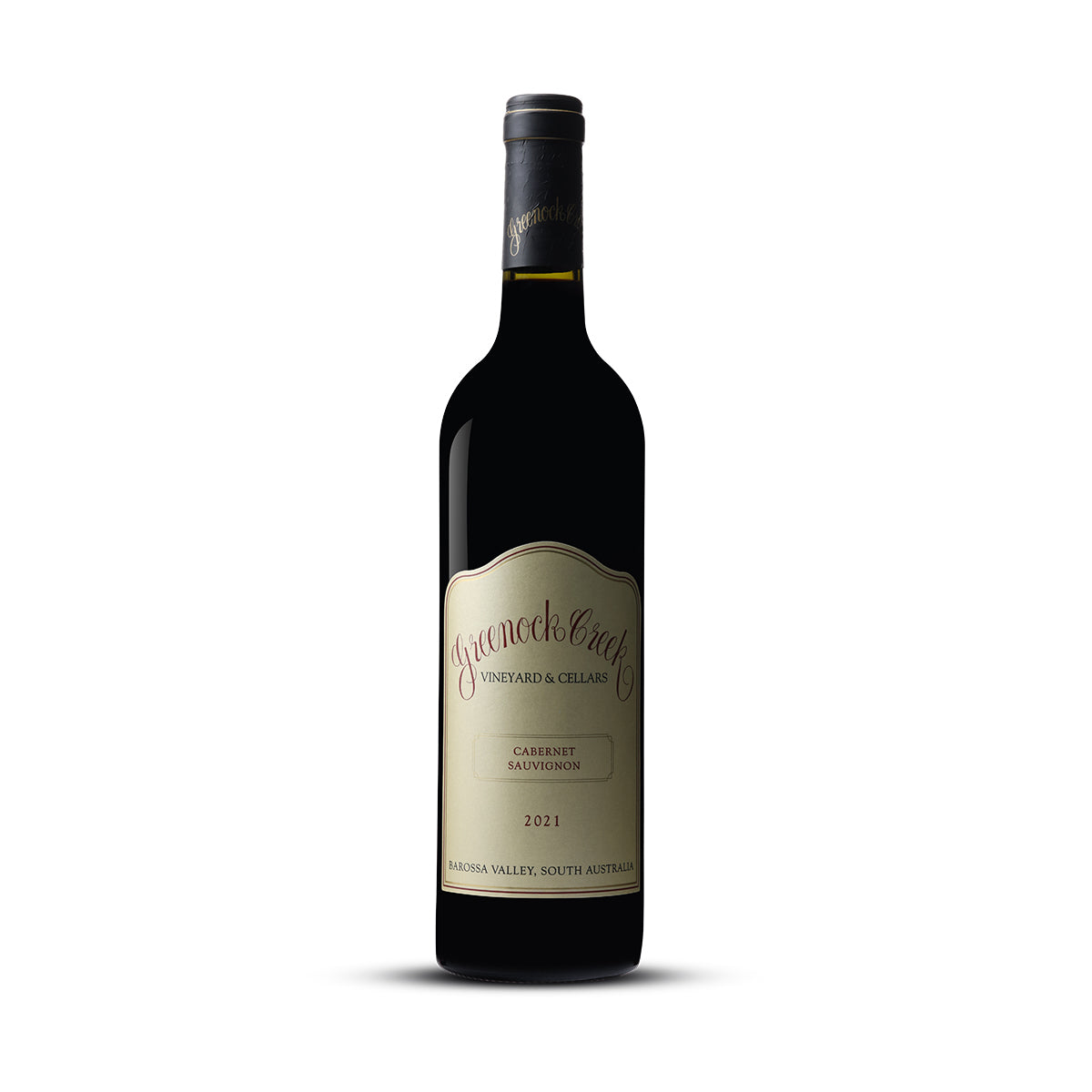 A bottle of Greenock Creek 2021 Cabernet Sauvignon, showcasing a classic, elegant label from the Barossa Valley, South Australia.