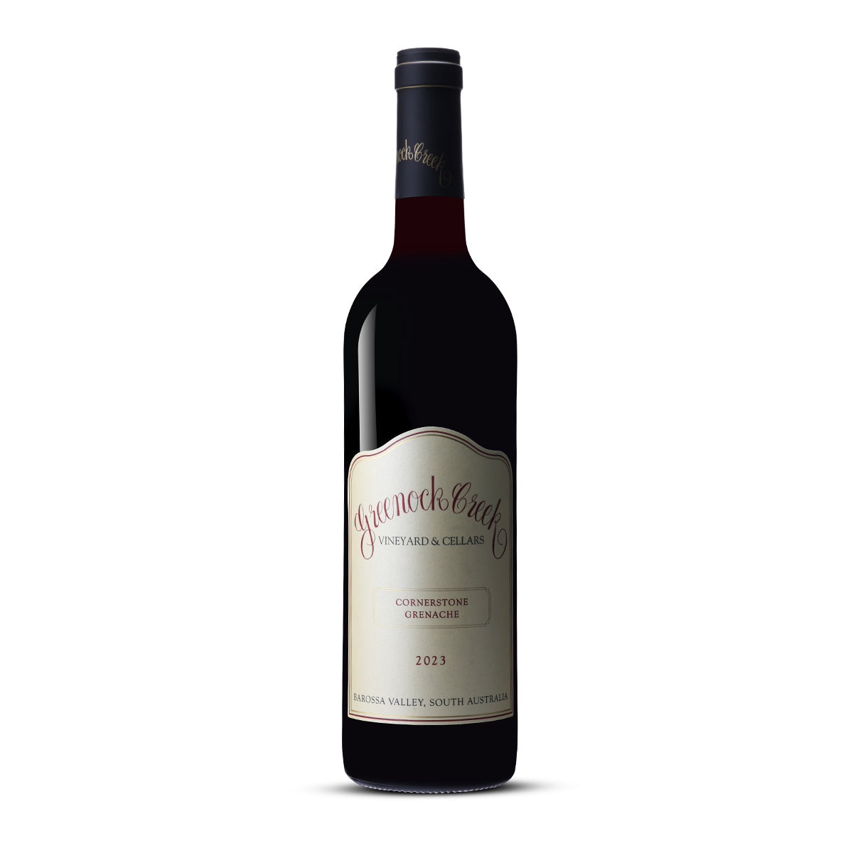 A bottle of Greenock Creek Cornerstone Grenache 2023, a premium Barossa Valley Grenache with vibrant red fruit, white pepper spice, and a structured mineral backbone. Buy wine online at Wine Simple