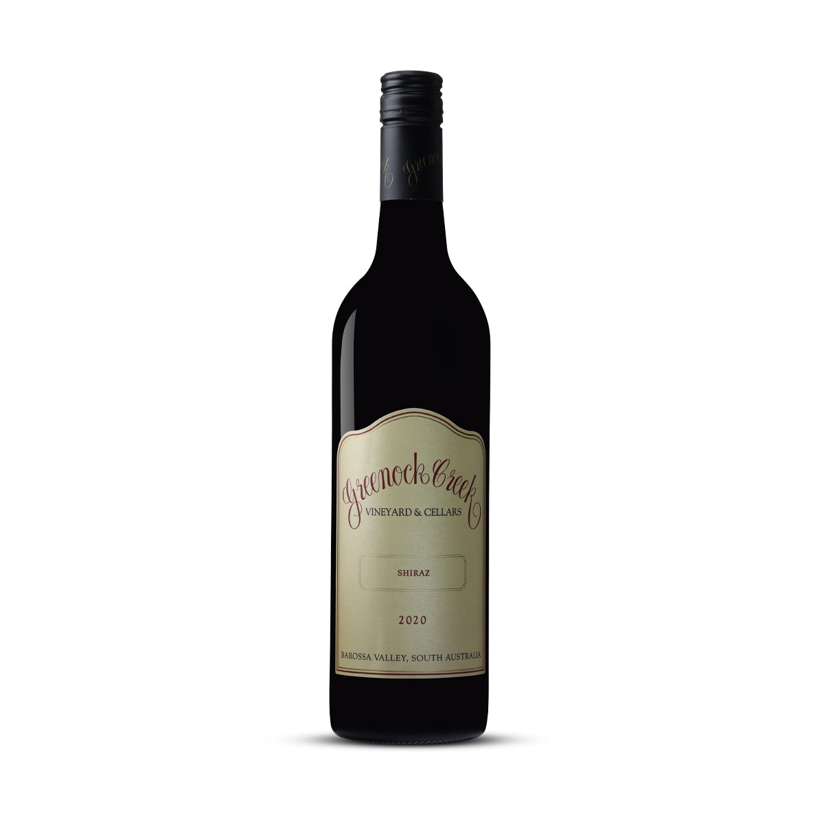 A bottle of Greenock Creek 2020 Shiraz, featuring a classic label from the Barossa Valley, South Australia, showcasing a deep red and purple hue in the glass.