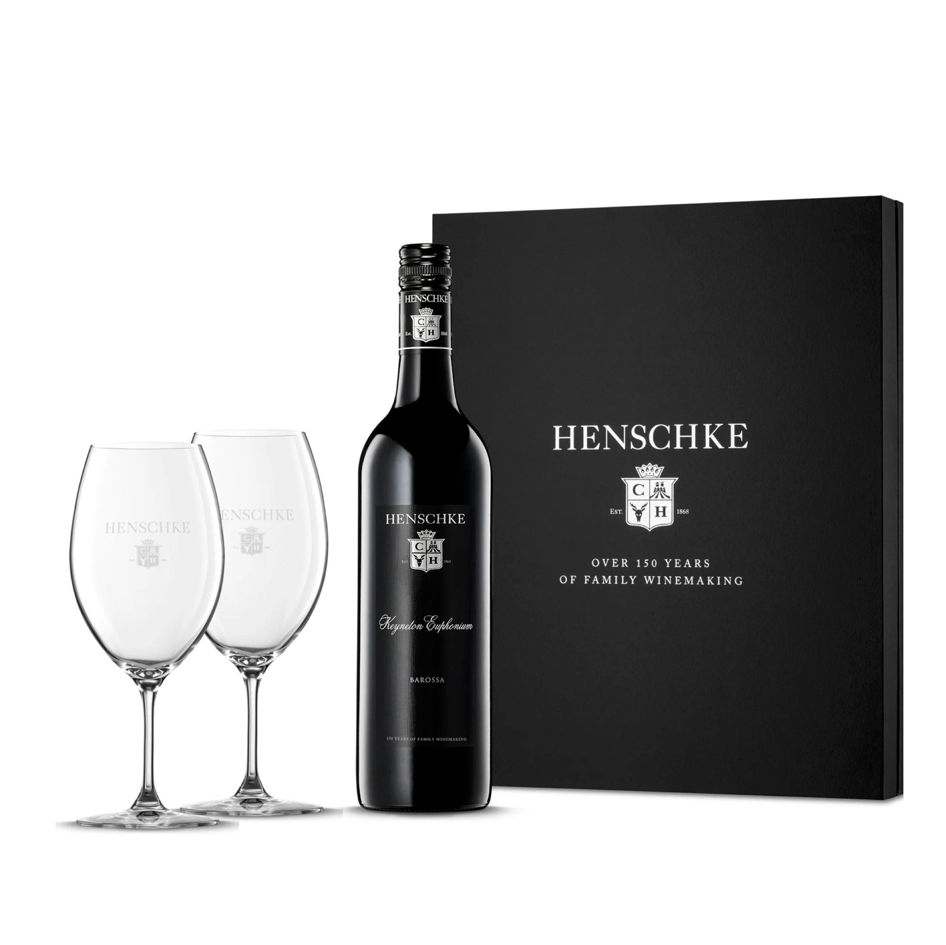 Henschke wine bottle with two glasses and a box on a white background