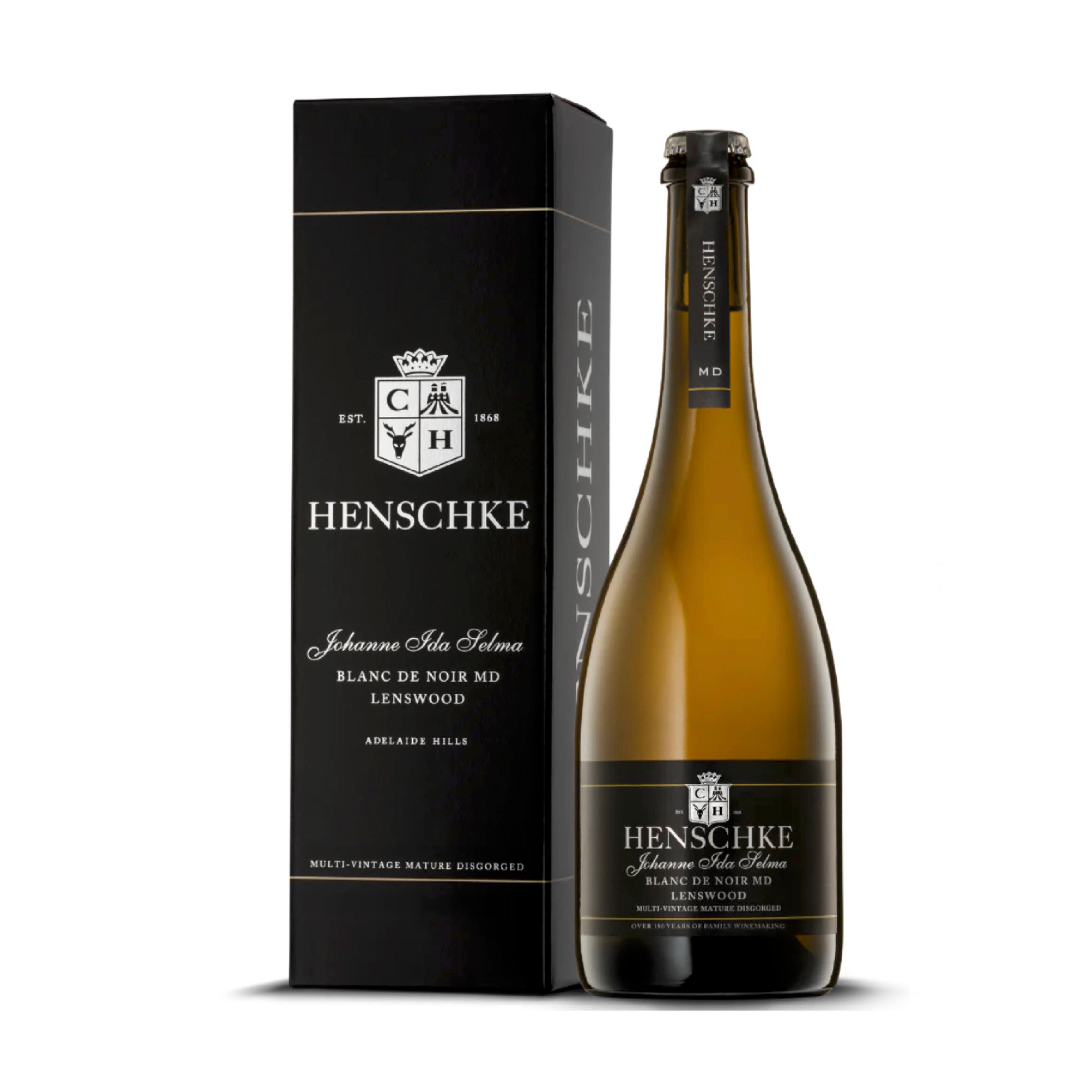 Bottle of Henschke Johanne Ida Selma Blanc de Noir MD with gift box — elegant Pinot Noir sparkling from the Adelaide Hills.