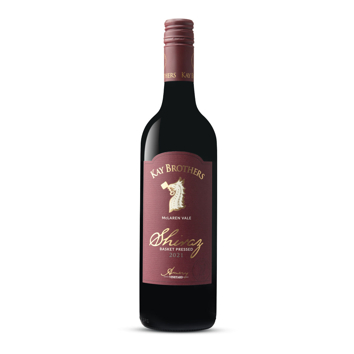 A bottle of 2021 Kay Brothers Basket Pressed Shiraz from McLaren Vale, featuring a maroon label with gold and white text, depicting the winery's logo and vintage year. Buy online at Wine Simple