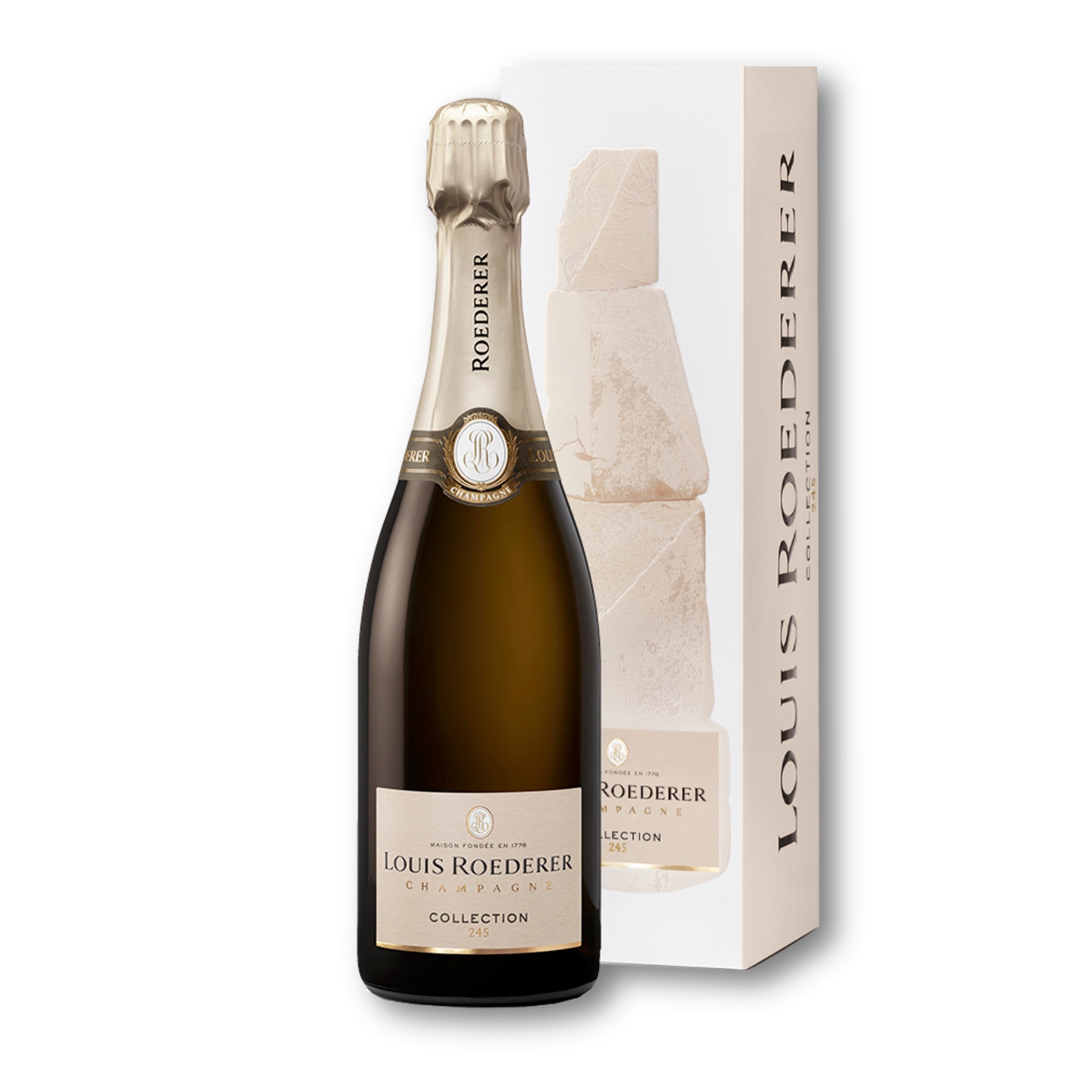 Louis Roederer champagne bottle and packaging on a white background. Gift Boxed in a graphic logo.