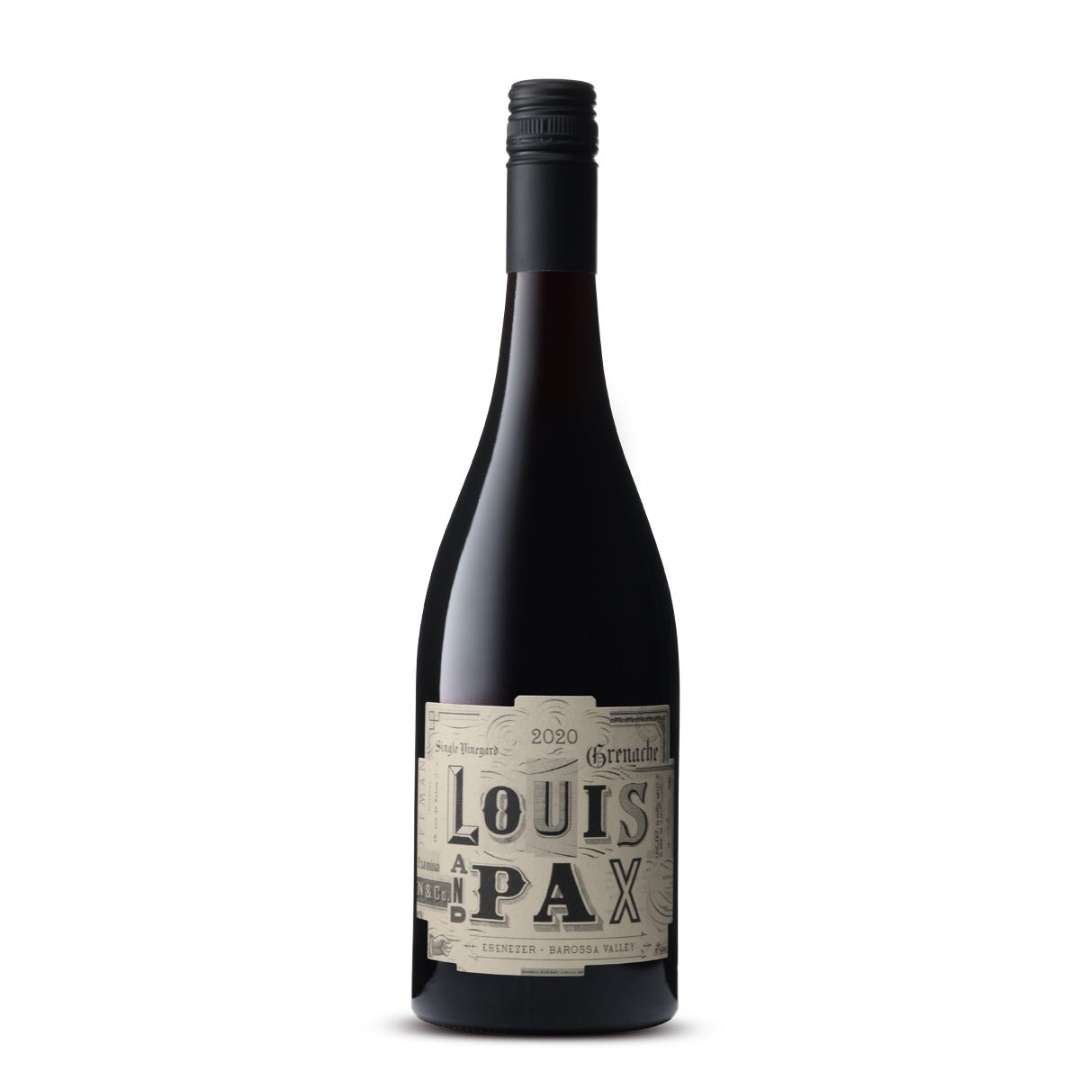 An image of a Louis and Pax 2020 Grenache wine bottle. The label is detailed and vintage in style, featuring the name 'LOUIS AND PAX' prominently in large, block letters with a background of ornate patterns. Below, '2020 Grenache' is stated along with 'Single Vineyard' and 'Ebenezer - Barossa Valley'. The bottle is dark with a black screw cap, set against a light background.