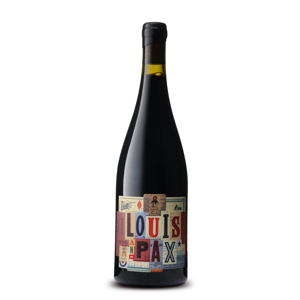 A bottle of Louis and Pax Shiraz wine with a unique and colorful label that features a collage of vintage-inspired prints and typography. The name 'LOUIS AND PAX' is prominently displayed across the center. The bottle has a dark, elegant body with a yellow band at the neck, capped with a black screw cap, all against a neutral background