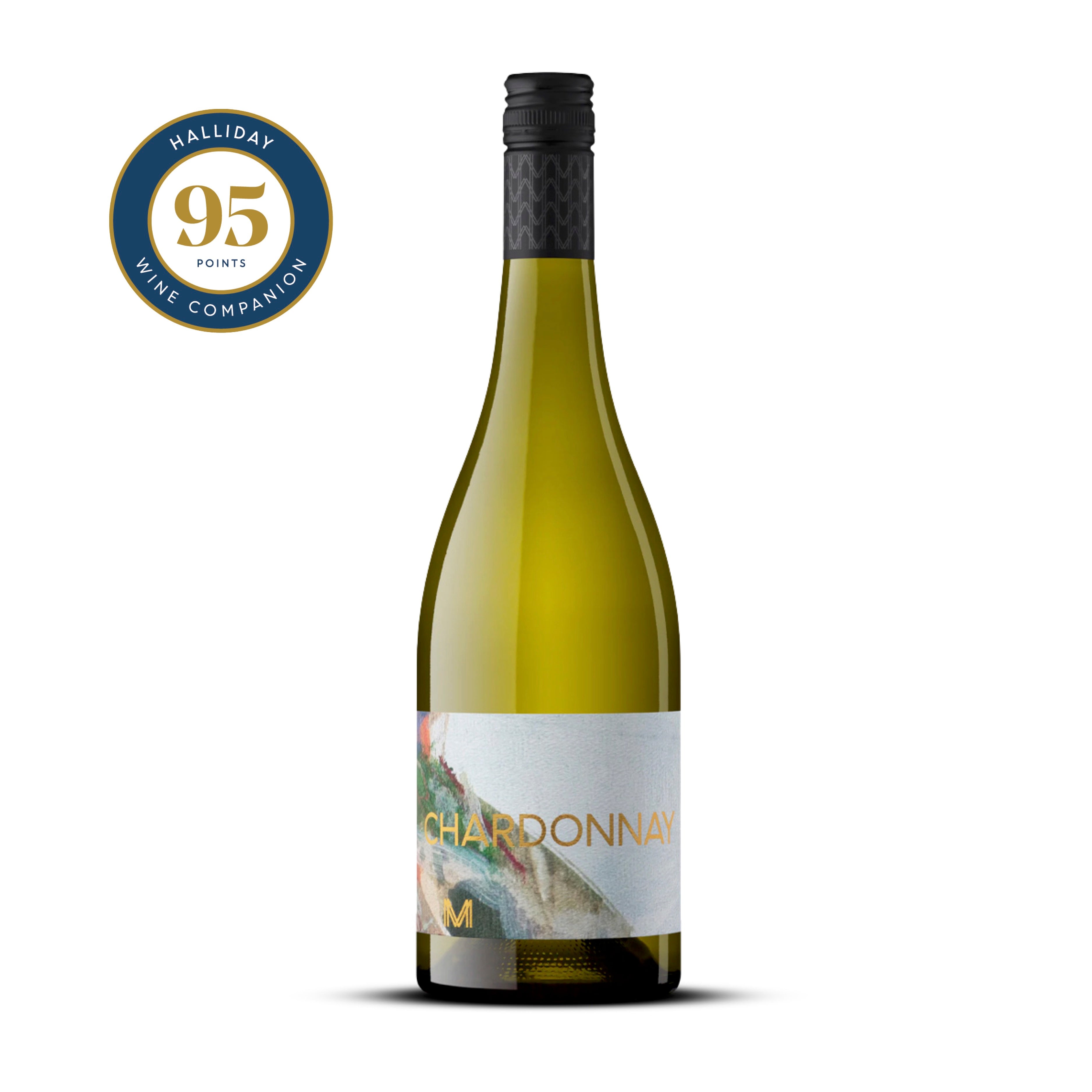 Bottle of Mulline Chardonnay 2024 with abstract pastel label and black screwcap, shown with a Halliday 95 Points Wine Companion badge – premium cool-climate Geelong Chardonnay available from Wine Simple.