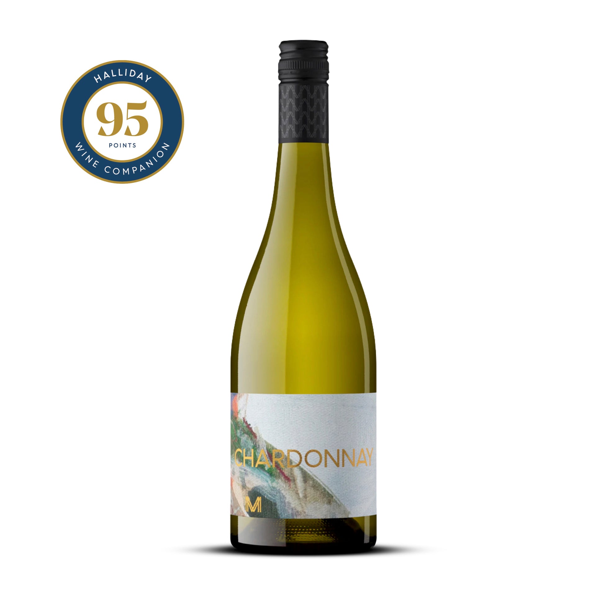 Bottle of Mulline Chardonnay 2024 with abstract pastel label and black screwcap, shown with a Halliday 95 Points Wine Companion badge – premium cool-climate Geelong Chardonnay available from Wine Simple.