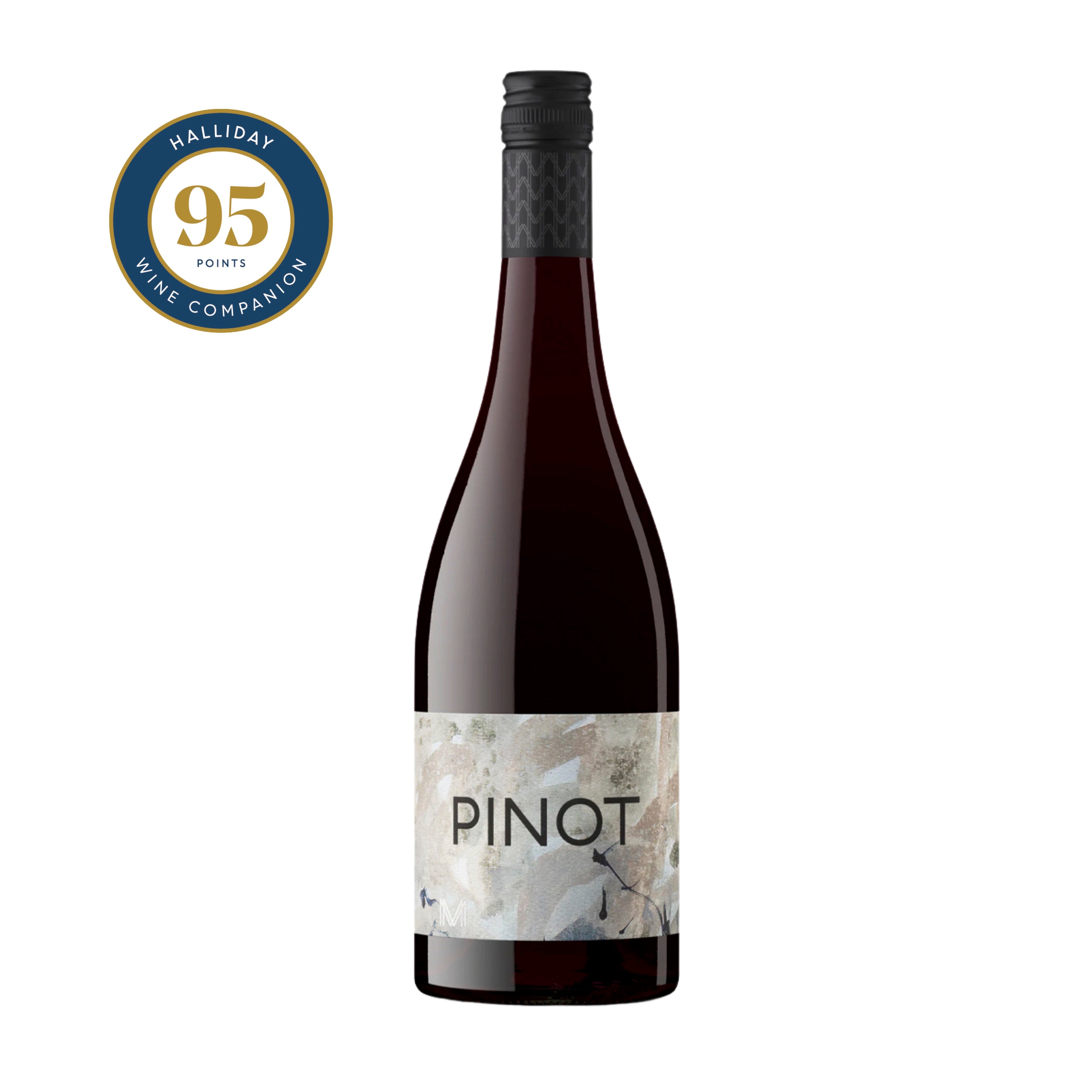 Wine bottle labeled 'PINOT' on a white background. Bottle of Mulline Pinot Noir 2024 standing upright on a white background, with a minimalist grey abstract label featuring the word “PINOT” and a black screwcap – cool-climate Geelong Pinot Noir sold by Wine Simple.