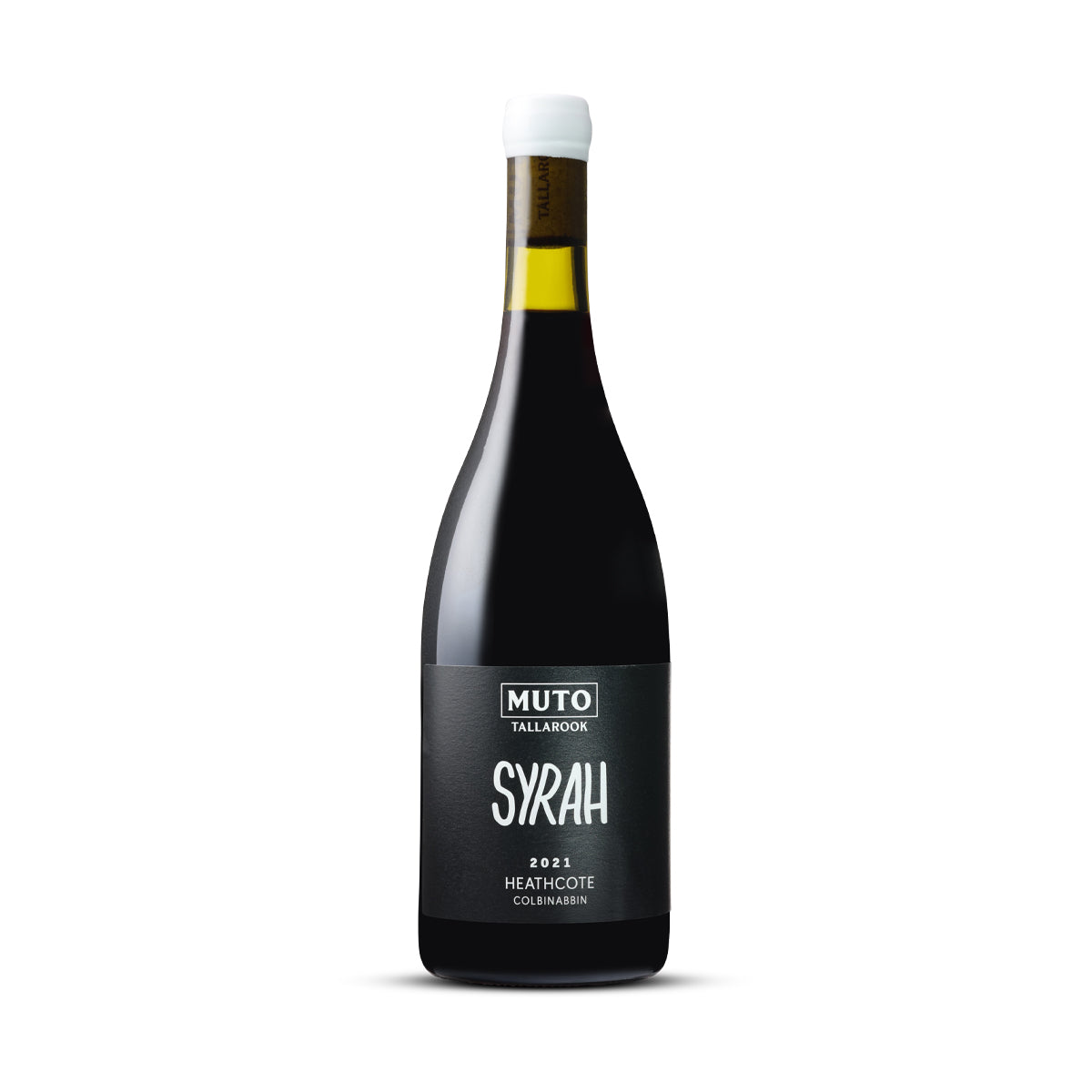 A bottle of Muto Syrah 2021 from Heathcote, Victoria with a black and minimalist label, showcasing the small-batch Syrah wine. Buy wine online.