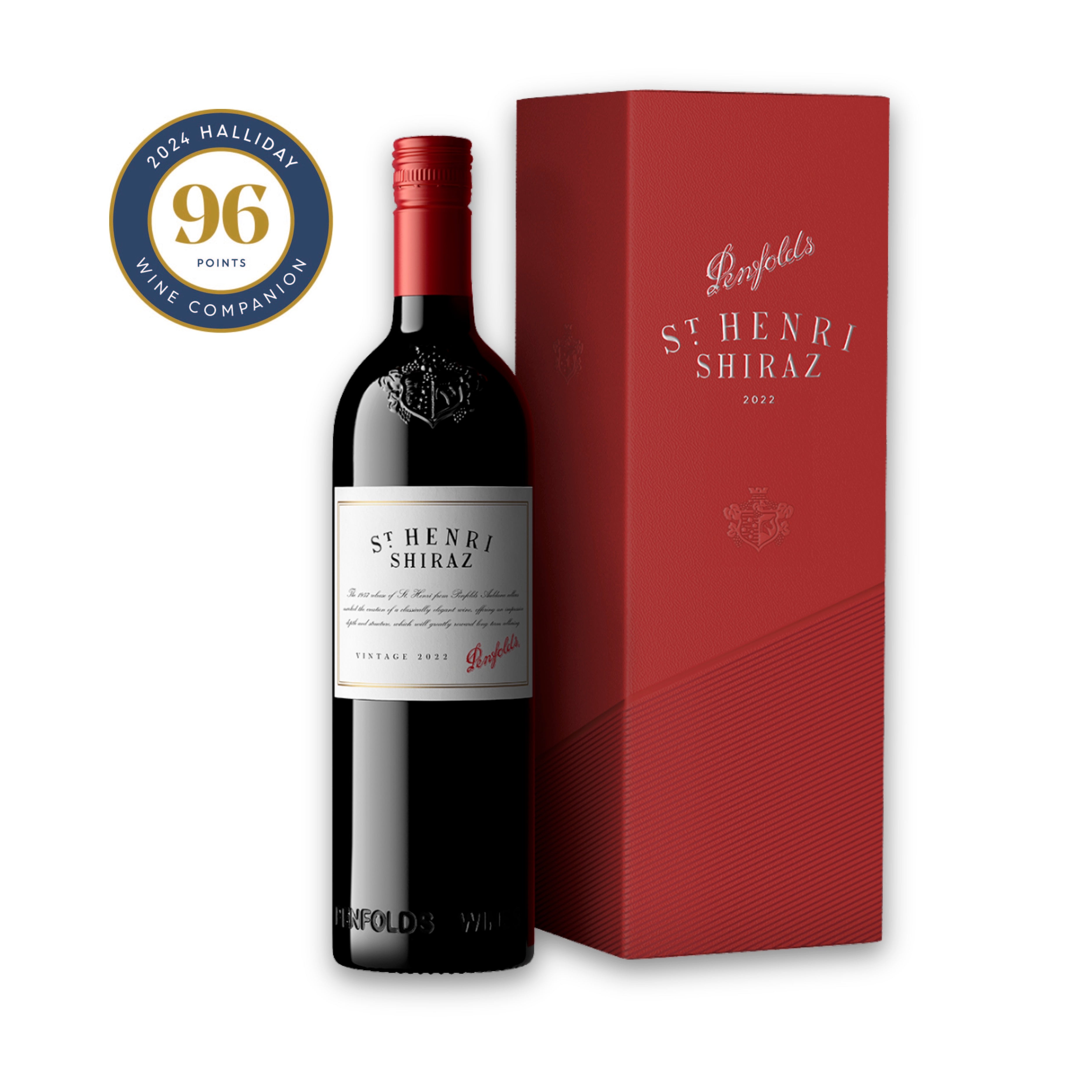 Penfolds St Henri Shiraz wine bottle and box with Halliday Wine Companion score on a white background. Bottle of Penfolds St Henri Shiraz 2022 presented in gift box — iconic Australian Shiraz with rich fruit depth and refined structure — available at Wine Simple