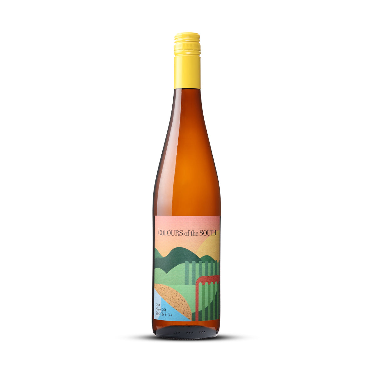 A bottle of Purple Hands Colours of the South Pinot Gris 2024, showcasing a vibrant label with colourful landscapes, representing a cool-climate Pinot Gris from the Adelaide Hills. Buy this White Wine online at Wine Simple