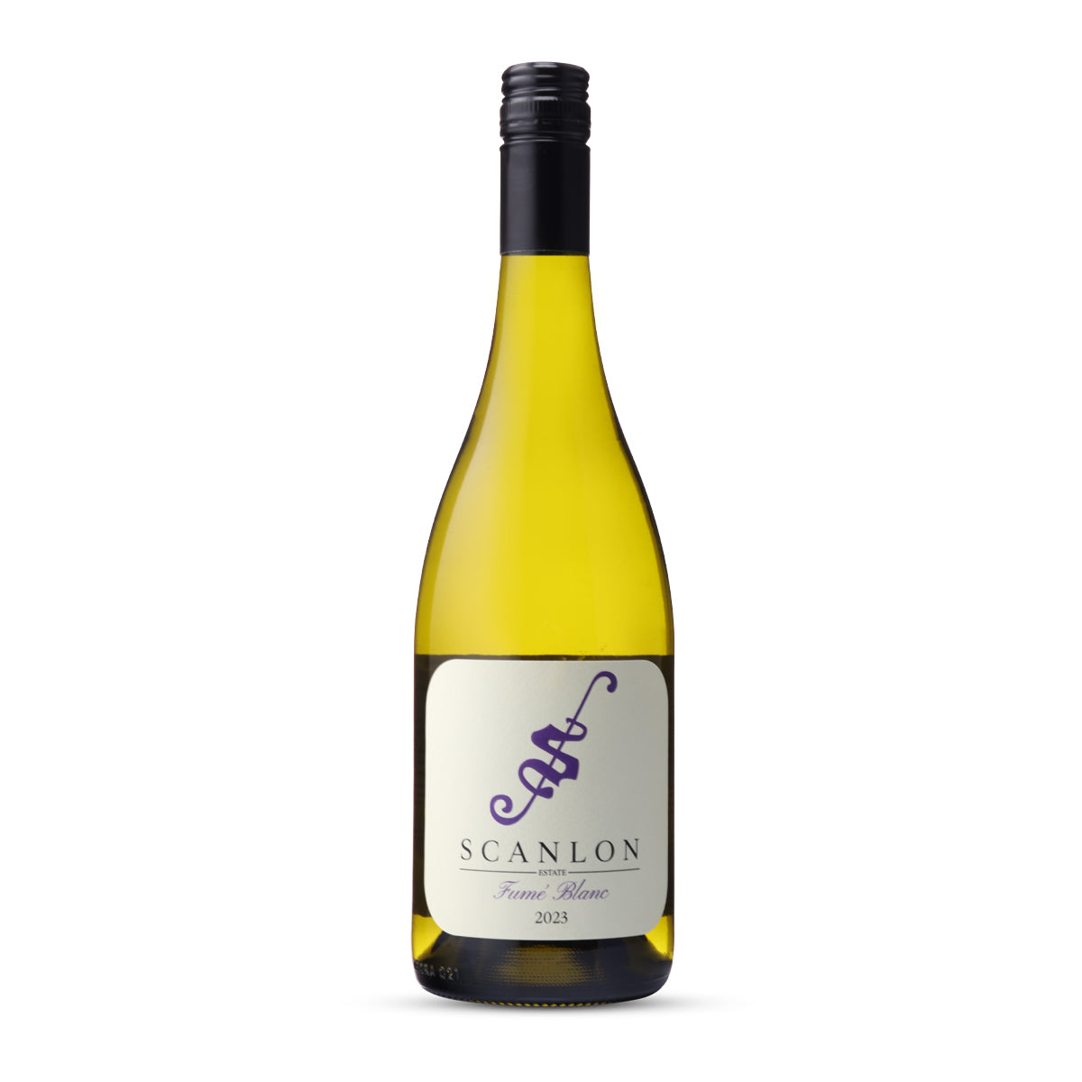 Image of a wine bottle with a light straw-coloured wine visible through the clear glass. The label on the bottle reads 'SCANLON, Estate Fumé Blanc, 2023'. The label is clean and modern with a white background and the name 'SCANLON' in bold black lettering, underscored by an elegant, wavy purple line. The words 'Estate Fumé Blanc' are printed in smaller, refined black text, and the vintage year '2023' is noted at the bottom. The bottle cap is black, presenting a simple, yet sophisticated design.