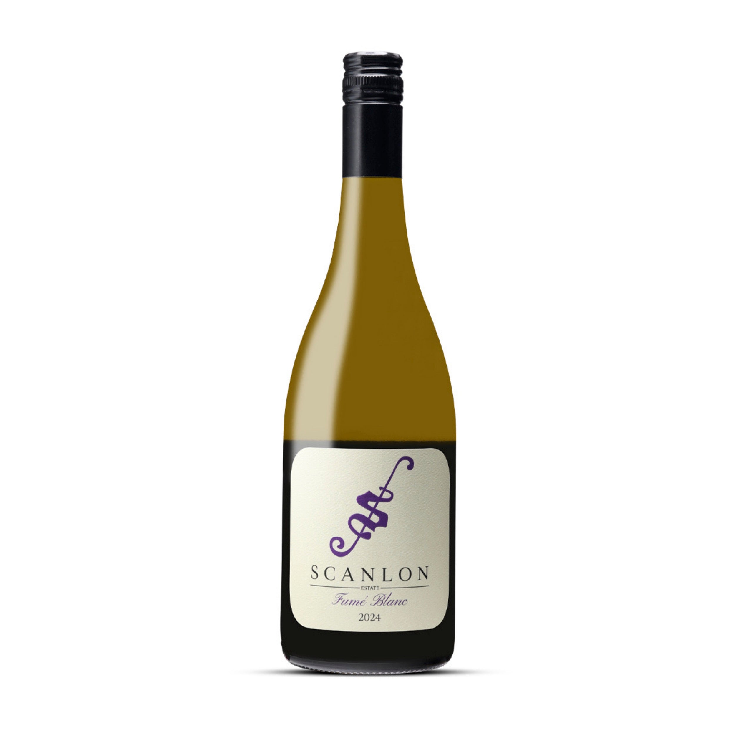A stunning photo of the Scanlon Fumé Blanc from Harry Scanlon. 2024,with a purple S located in the middle of the bottle. 
