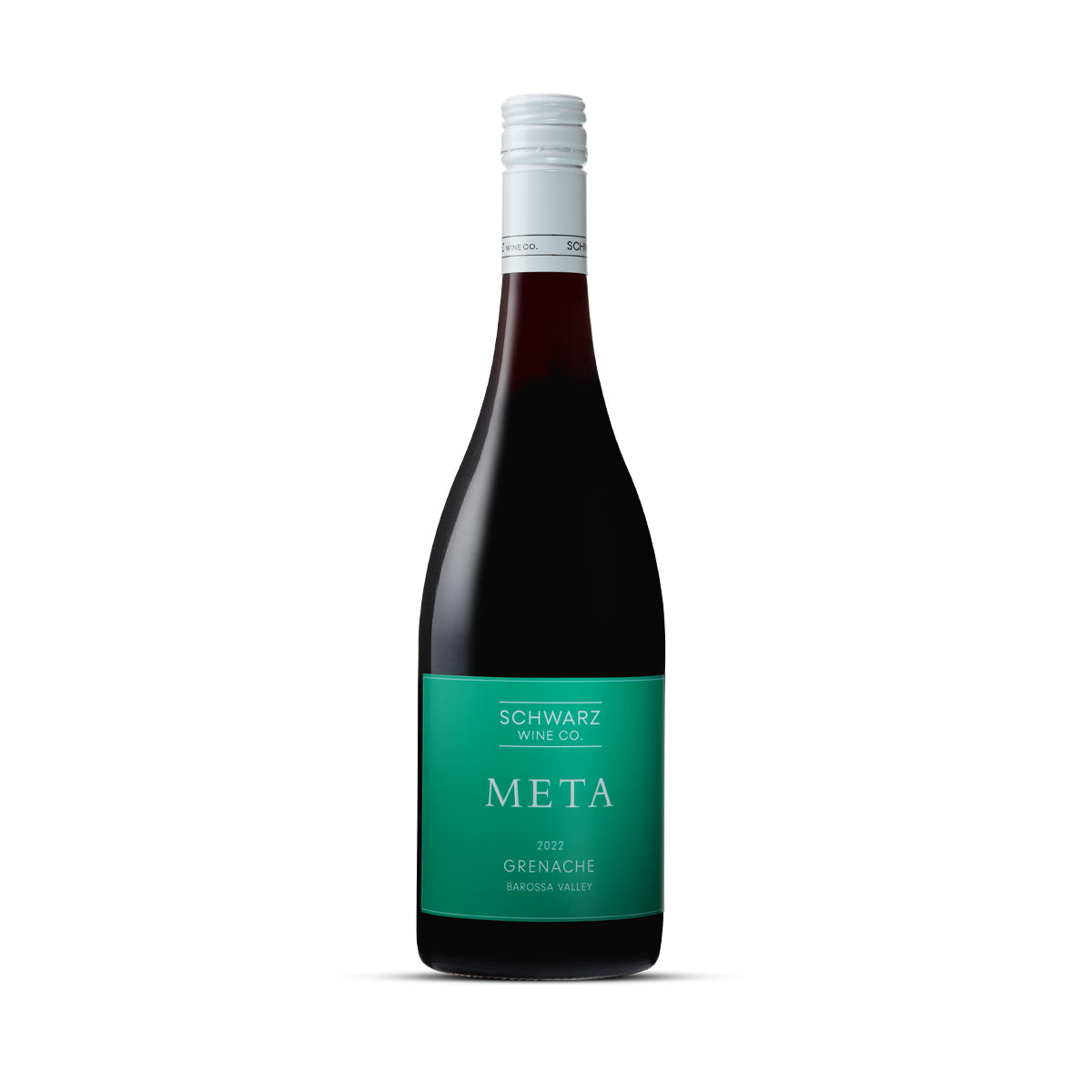 A bottle of Schwarz Wine Co. Meta Grenache 2022, showcasing a modern label with a vibrant green design, representing a small-batch Grenache from the Barossa Valley by Schwarz Wine Co.