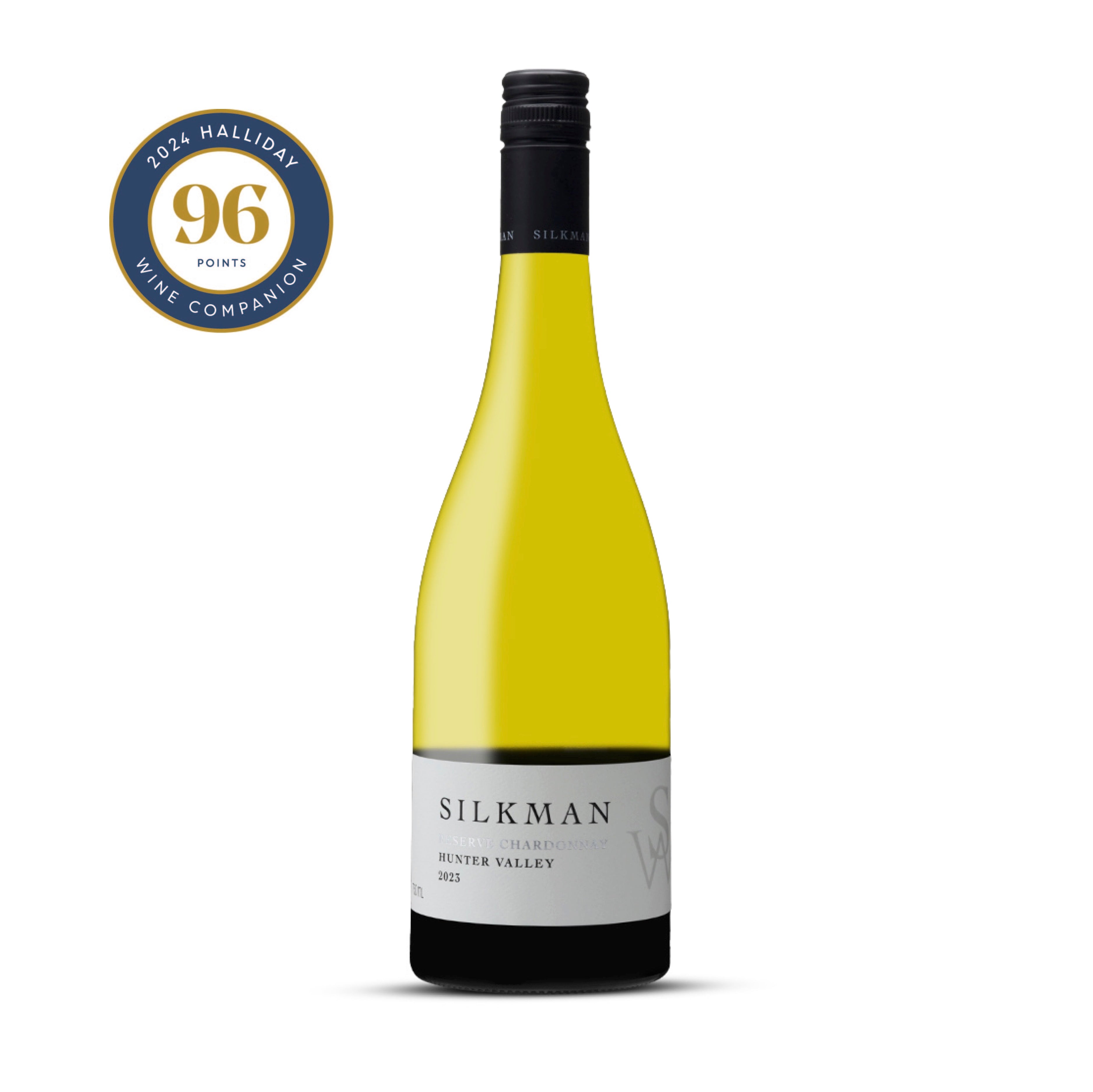 Silkman wine bottle with a gold and blue rating emblem on a white background. Bottle of Silkman Reserve Chardonnay 2023 — premium Hunter Valley Chardonnay with citrus, oak and finesse