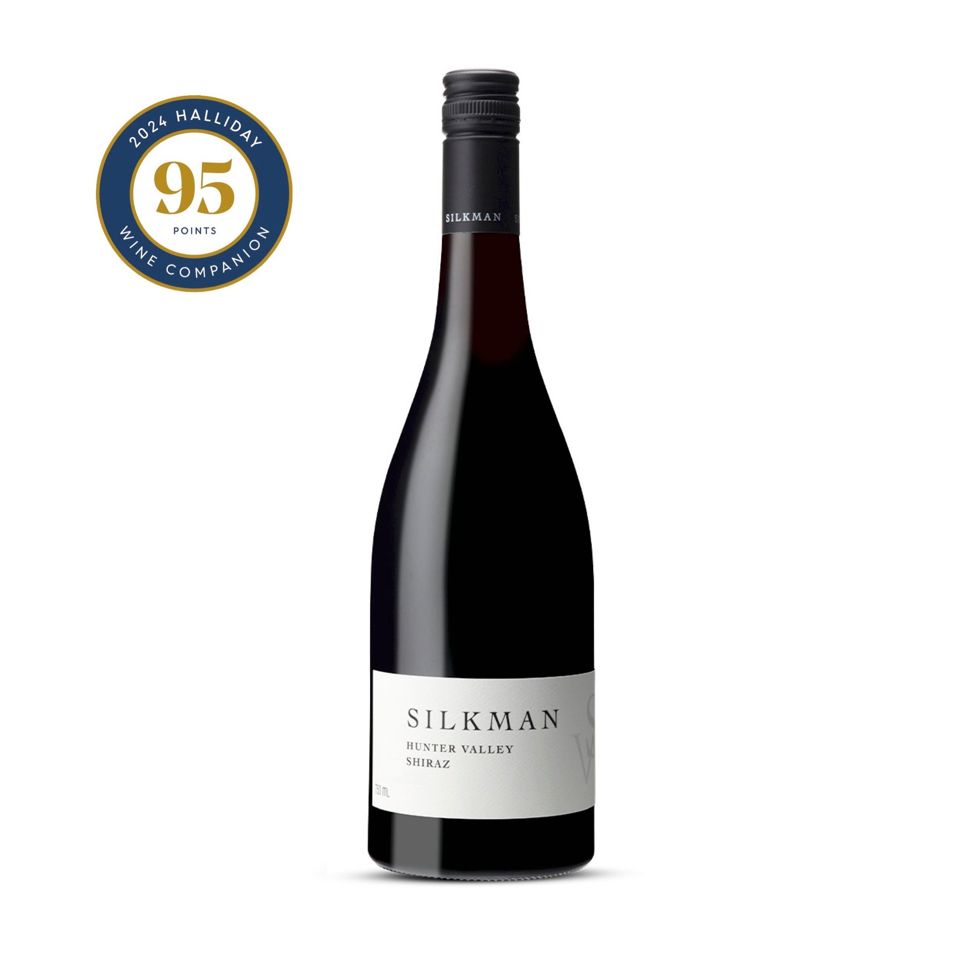 A bottle of the Silkman Hunter valley Shiraz red wine with 95 points from James Halliday in the Left top corner. 