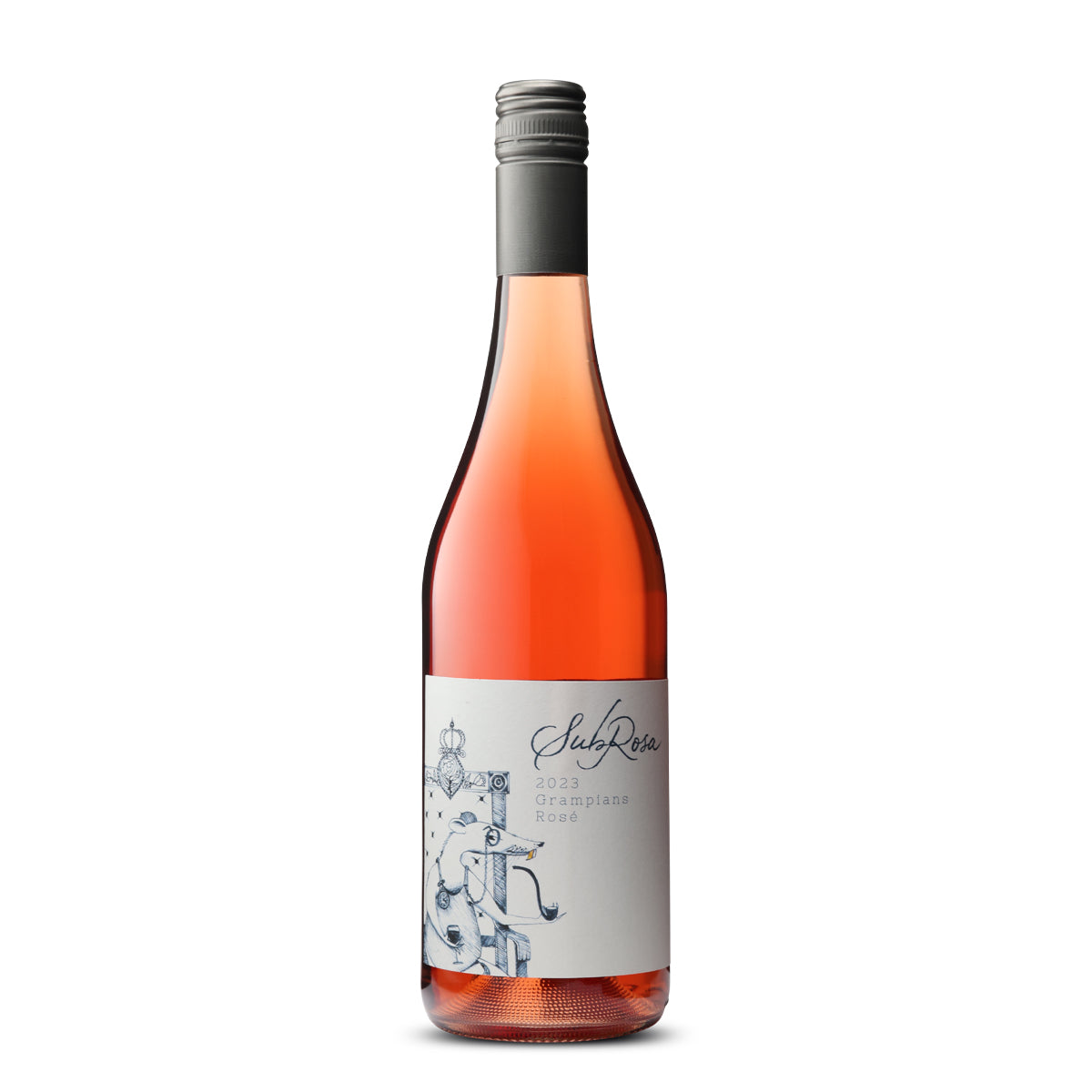 A bottle of Sub Rosa 2023 Grampians Rosé with a vibrant salmon-pink hue. The label is elegant, featuring the Sub Rosa logo in cursive script above a line drawing of a grapevine with intricate details. Below the artwork, the vintage year "2023" and "Grampians Rosé" are clearly noted, signifying the wine's origin and type. The overall aesthetic of the bottle is contemporary and artistic, emphasizing the wine's premium quality.