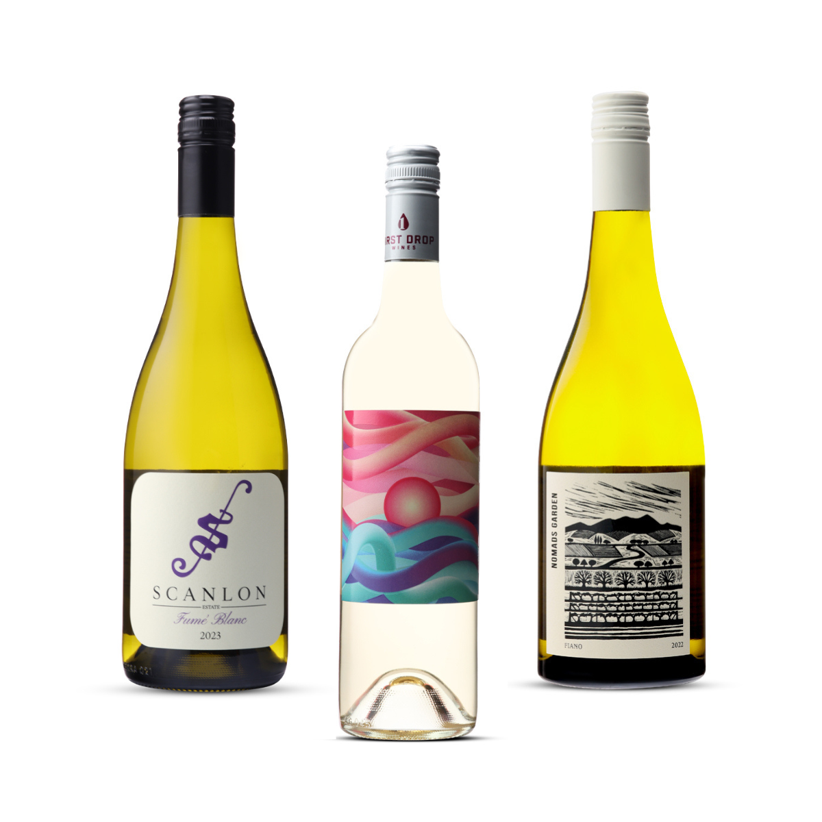 Three bottles of wine from the 'Summer Pack' featuring Endless Summer Pinot Grigio by First Drop Wines, Nomads Garden Fiano, and Scanlon Fumé Blanc