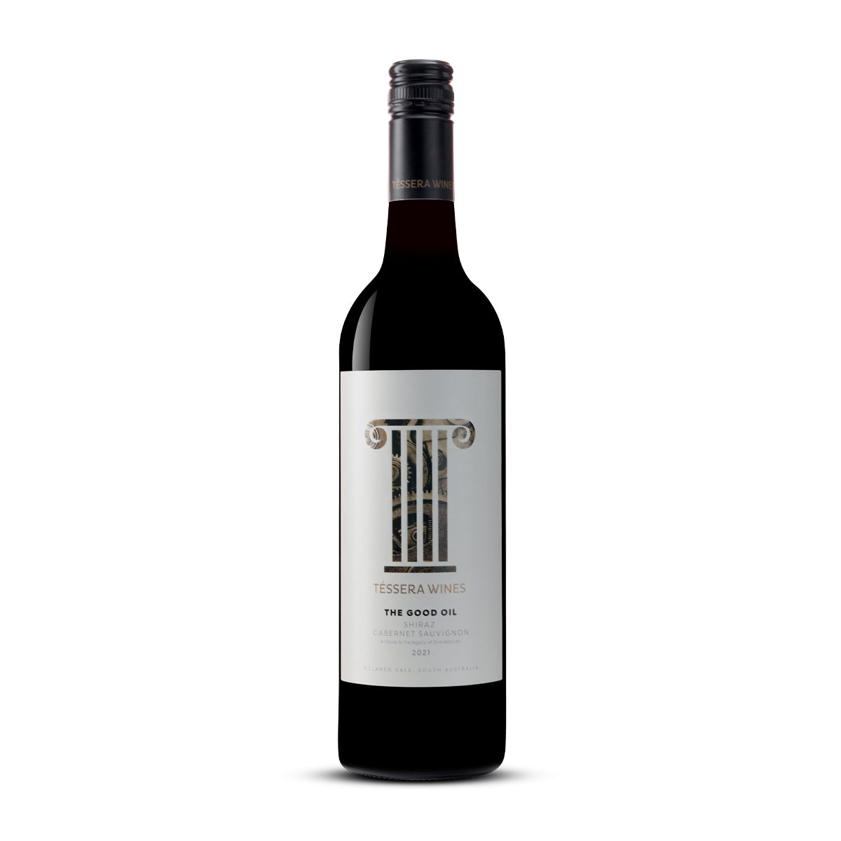 Téssera The Good Oil Cabernet/Shiraz Blend 2021 bottle with a clean and bold label design, highlighting a premium South Australian wine.