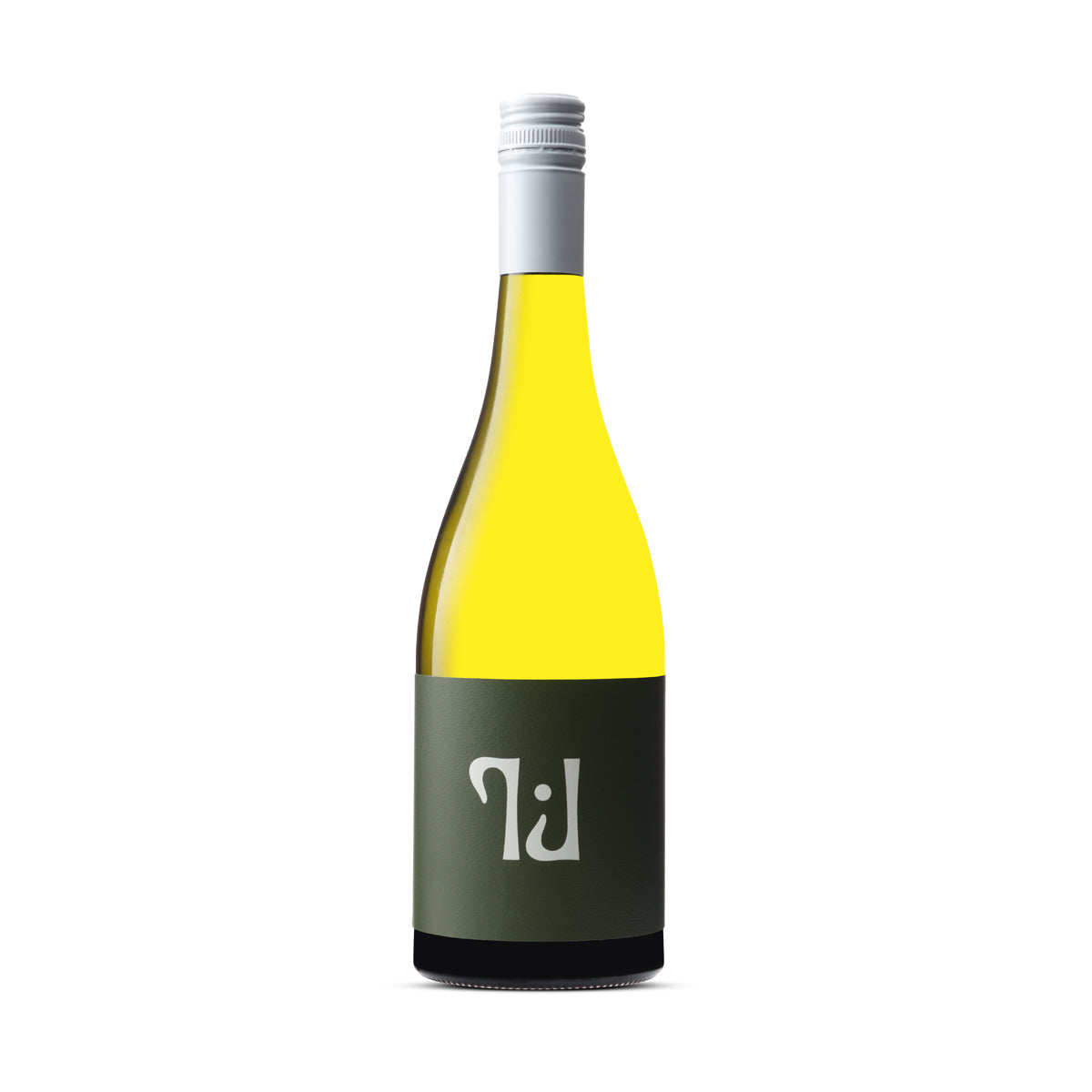 A bottle of 2023 Tillie J Chardonnay, featuring a minimalist olive-green label with the distinct Tillie J logo in silver, symbolising the refined and balanced character of this wine. The bottle has a white screw cap and stands tall against a white background.