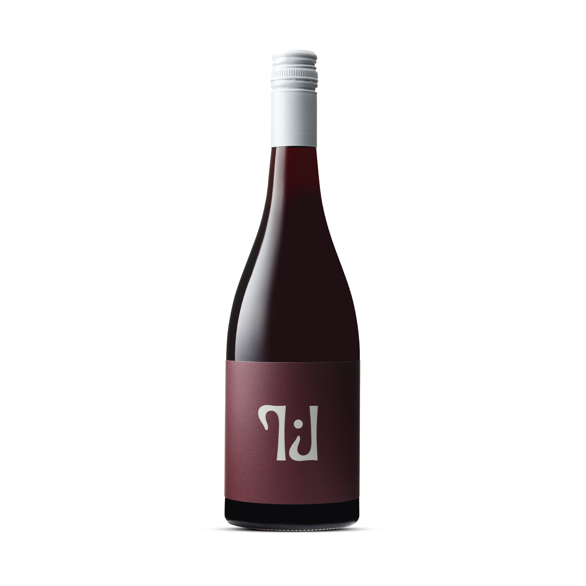 A bottle of 2023 Tillie J Pinot Noir, featuring a minimalist maroon label with the distinct Tillie J logo in silver, symbolising the elegance and sophistication of this wine. The bottle has a white screw cap and stands tall against a white background.