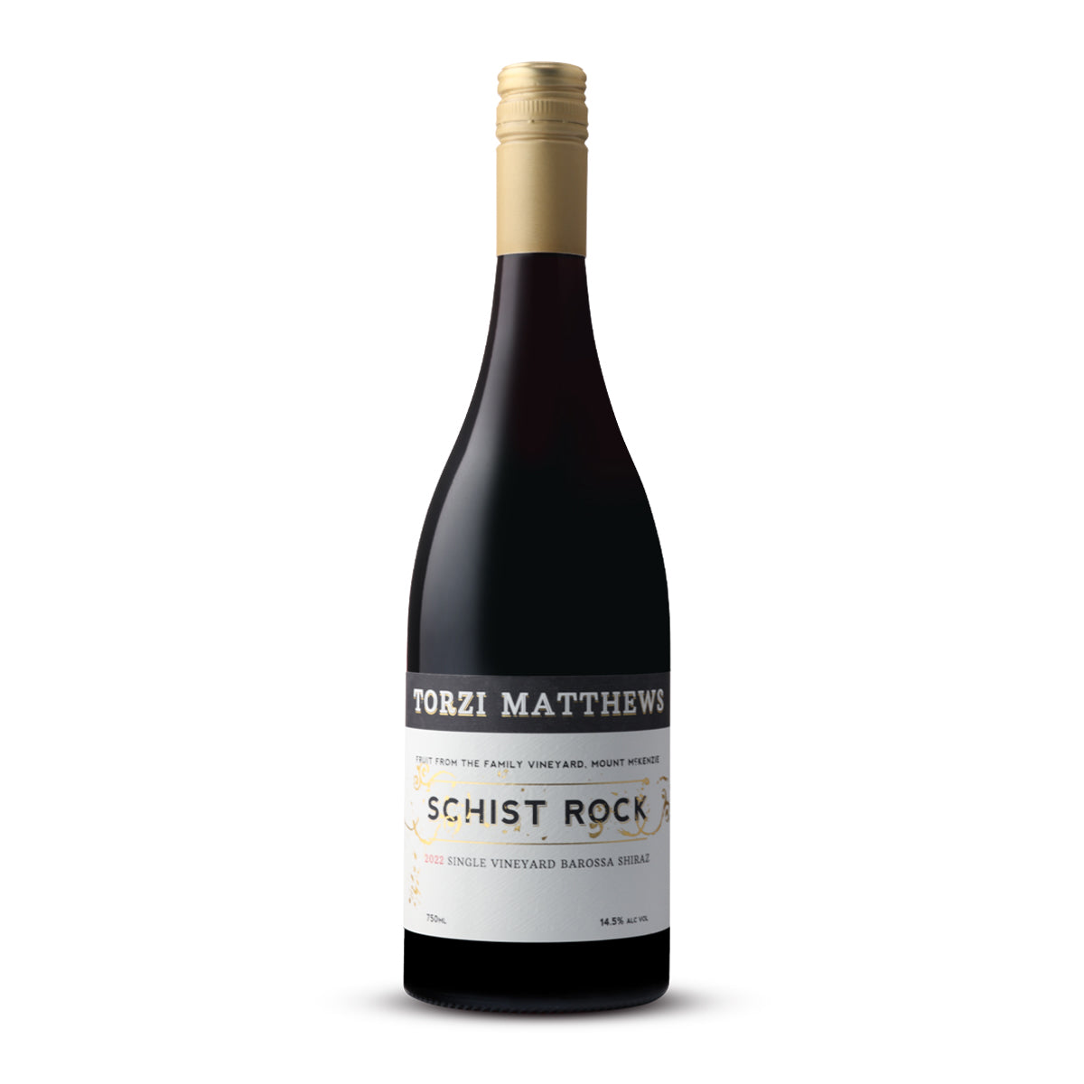 Alt text: "Image of a wine bottle with a label that reads 'TORZI MATTHEWS, SCHIST ROCK, 2022 SINGLE VINEYARD BAROSSA SHIRAZ'. The bottle has a dark glass with a golden foil cap. The label is white with black text for the winery name and the words 'SCHIST ROCK' in larger, stylised black letters with a gold outline. Below, in smaller print, it notes the specifics of the wine being from a single vineyard and the Barossa region, along with the vintage year. 