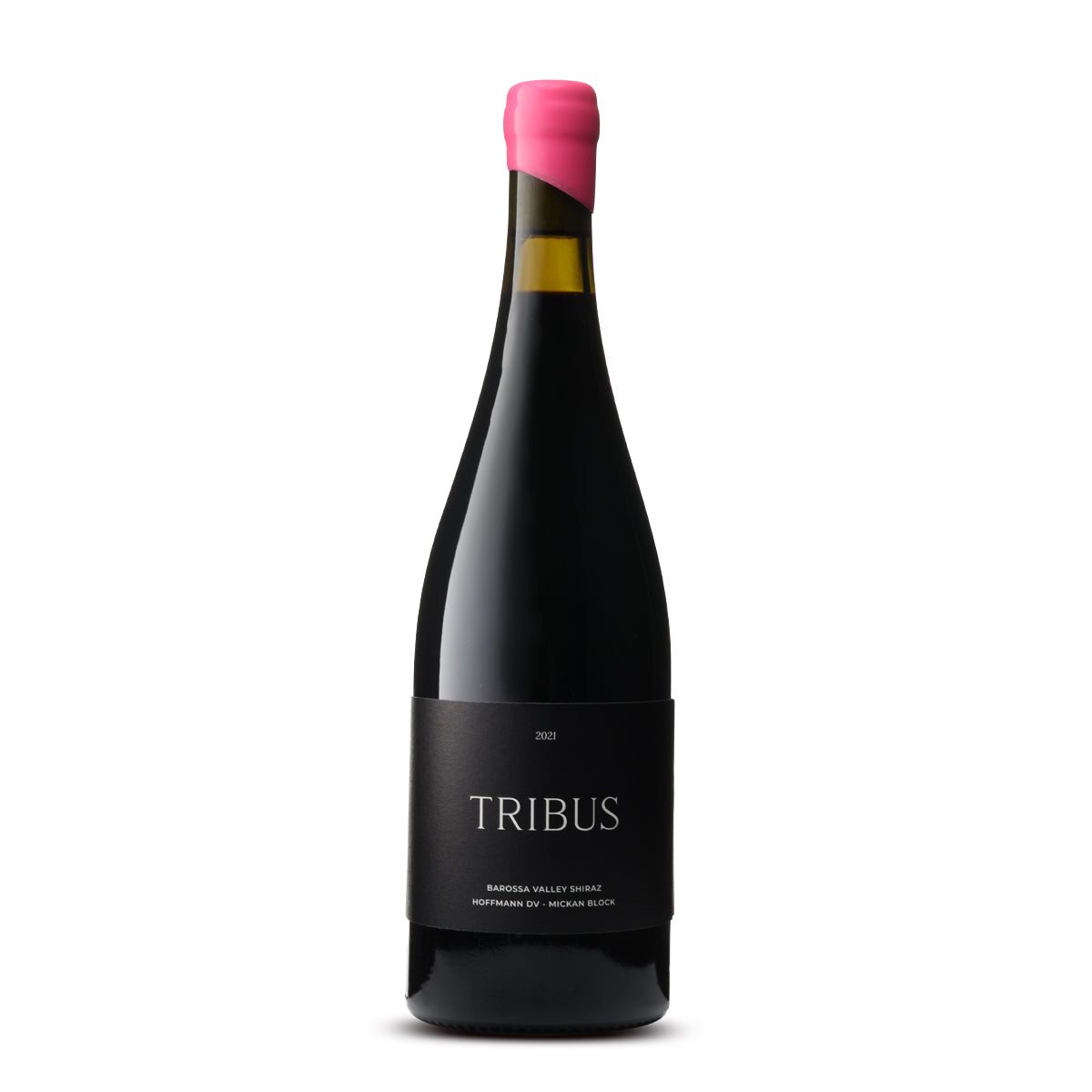 A photograph of a wine bottle with a black label and a pink wax seal on top. The label reads 'TRIBUS, 2021, BAROSSA VALLEY SHIRAZ, HOFFMANN DW - MYCKAN BLOCK'. The background is white, highlighting the bottle's silhouette.