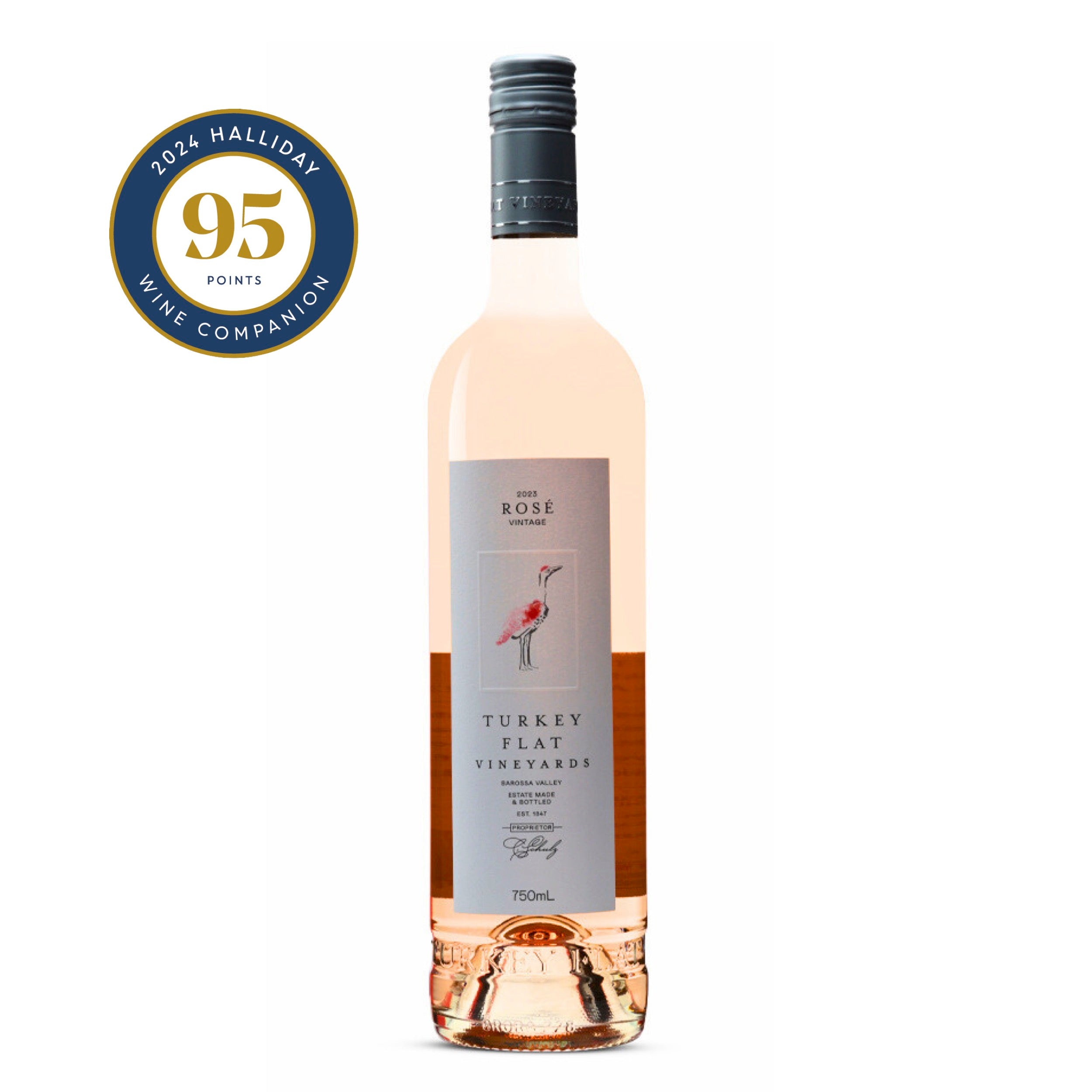 Bottle of Turkey Flat Vineyards Rosé wine with a light pink hue and a label featuring an illustration of a turkey. The bottle has a dark screw cap and contains 750ml of wine.