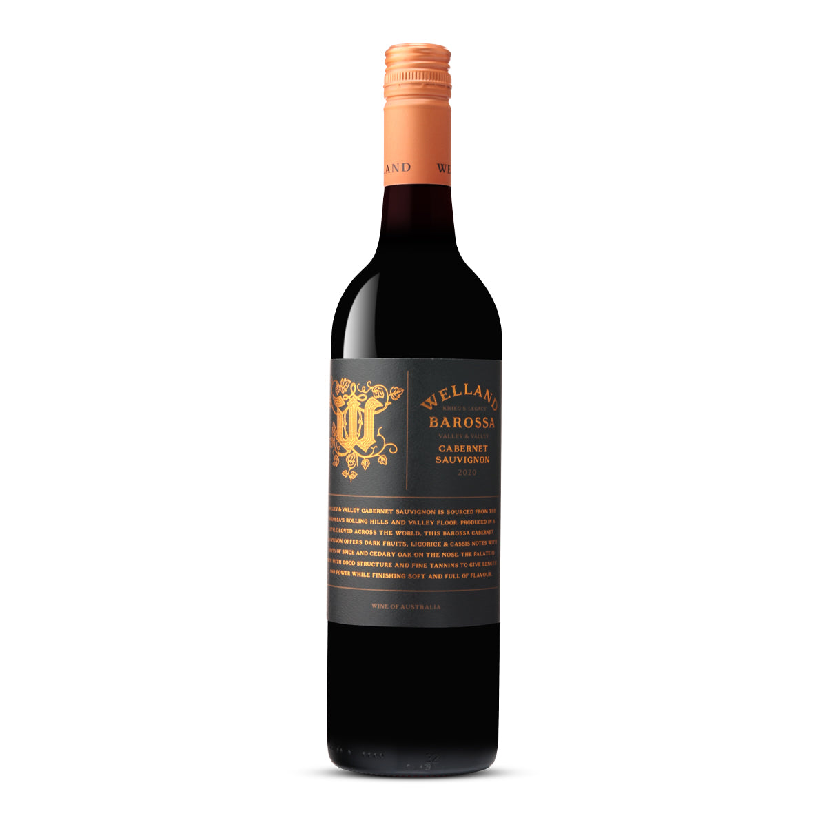 Image of a wine bottle with a detailed label that reads 'WELLAND BAROSSA, CABERNET SAUVIGNON, 2020'. The bottle has a clear glass that showcases the deep red wine inside, topped with a coral-coloured foil cap. The label is black with gold and white text and features a regal gold crest emblem at the top. The body of the label provides an elegant description of the wine's origins and tasting notes, affirming its premium Barossa Valley heritage